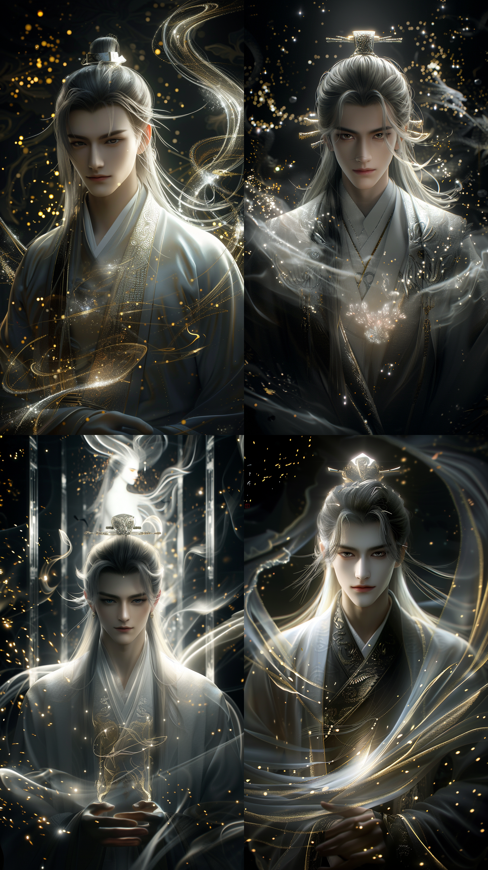 中国古代年轻男子，超级帅气，高级精致面容，细长眉毛，长发，清冷，银白古装，薄唇饱满，线条清晰，超清画质，古建筑内景，cg图，正视图，正脸看我，霸气！超现实，强壮的身体，异瞳