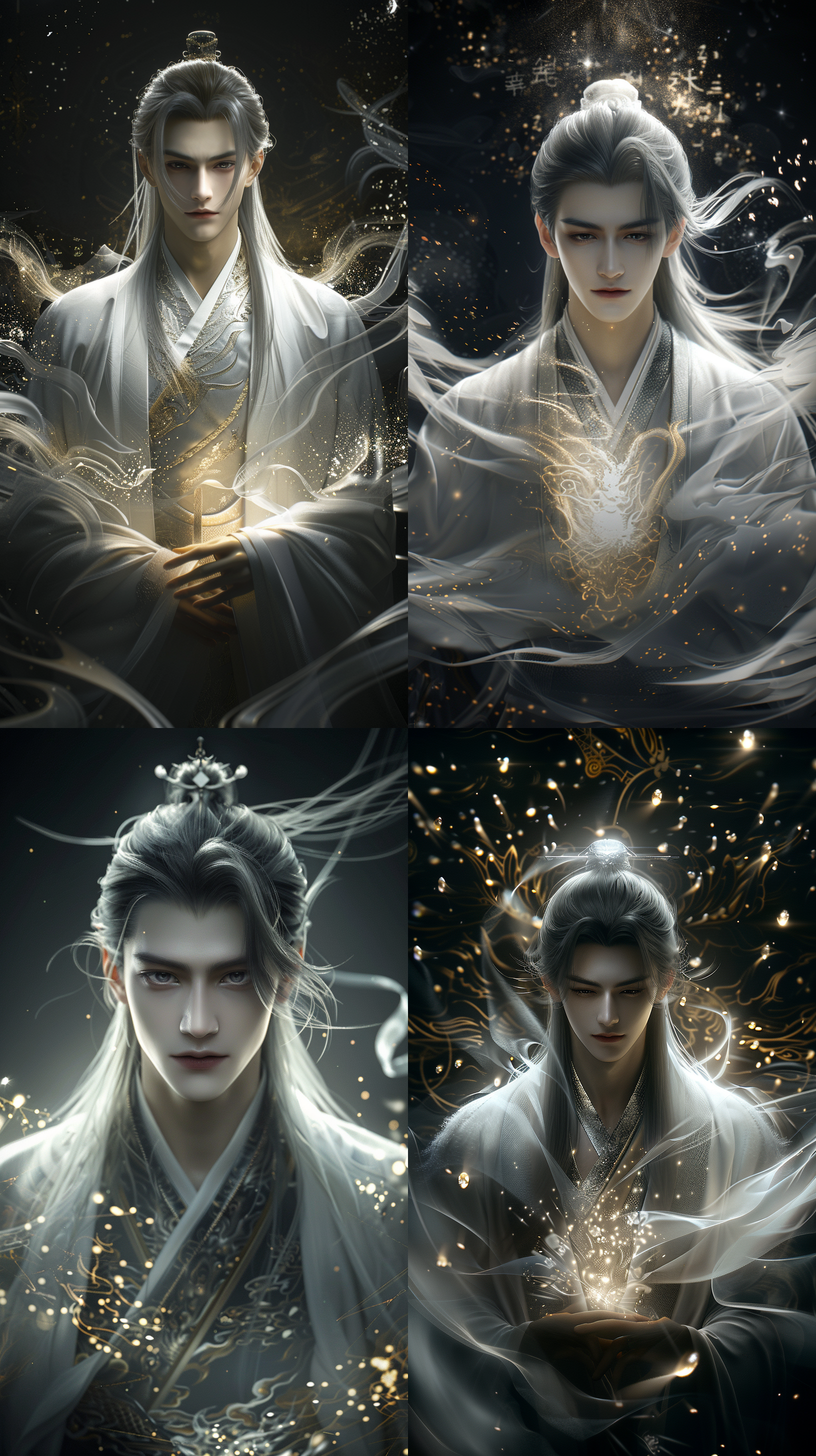 中国古代年轻男子，超级帅气，高级精致面容，细长眉毛，长发，清冷，银白古装，薄唇饱满，线条清晰，超清画质，古建筑内景，cg图，正视图，正脸看我，霸气！超现实，强壮的身体，异瞳