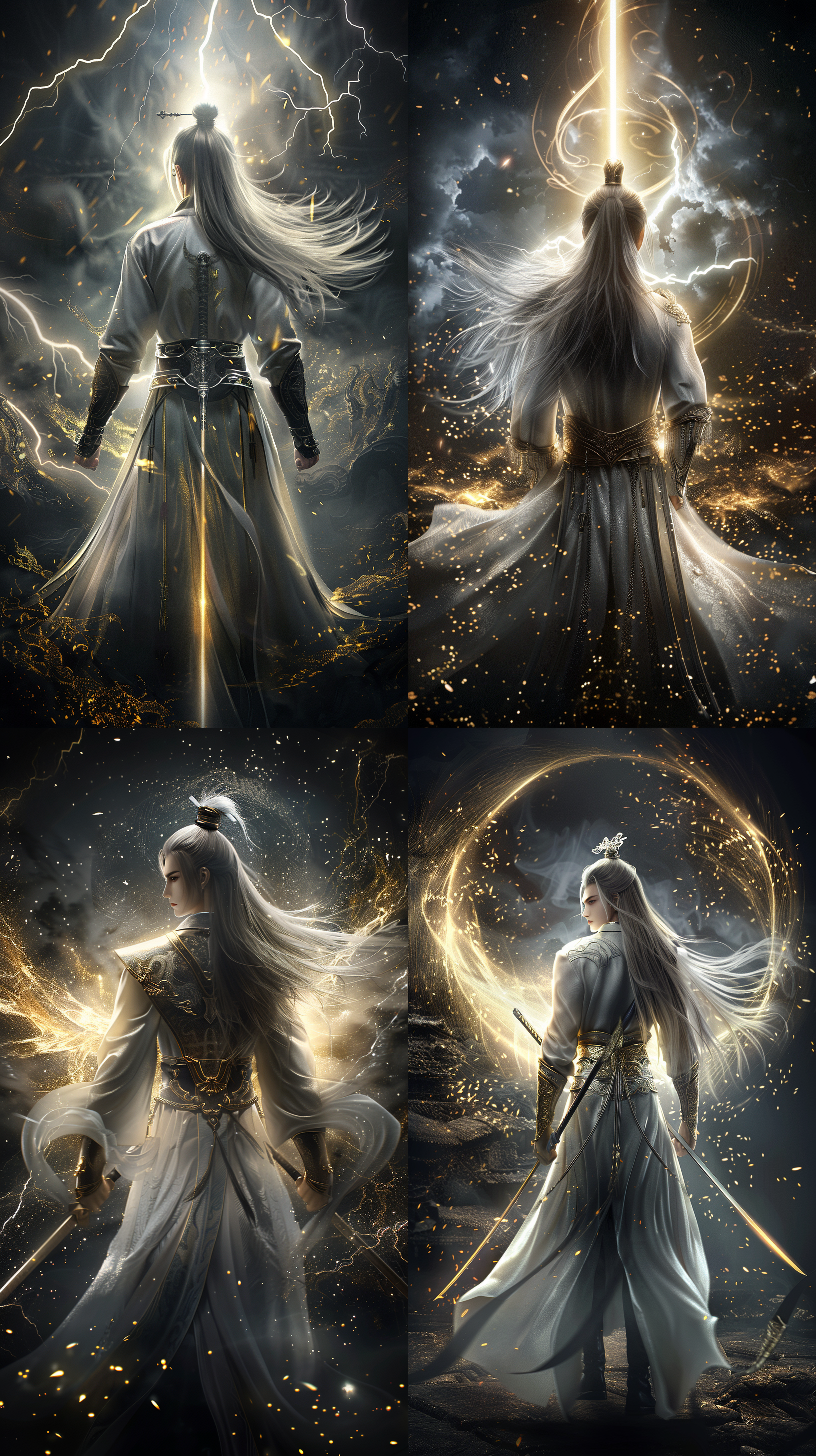 中国古代年轻男子，长发，银白古装，线条清晰，超清画质，cg图，霸气！超现实，强壮的身体，英雄气概，电闪雷鸣，手持长剑，负手而立！背影