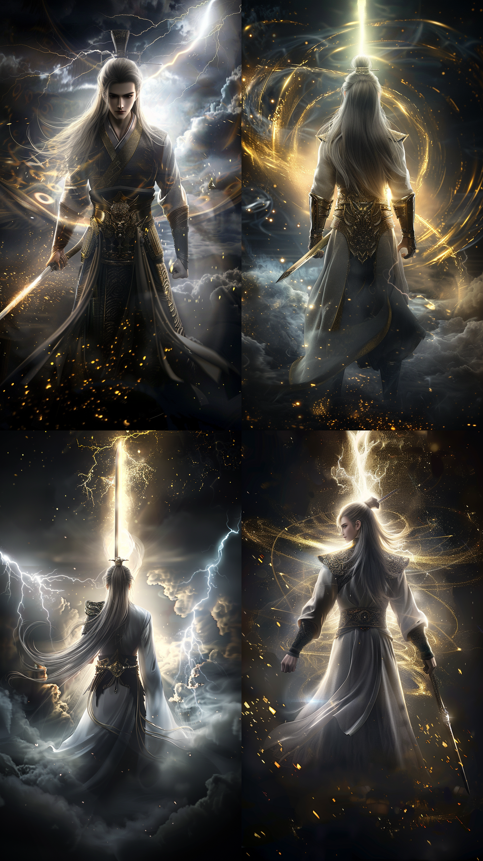 中国古代年轻男子，长发，古装，线条清晰，超清画质，cg图，霸气！超现实，强壮的身体，英雄气概，电闪雷鸣，手持长剑，负手而立！背影