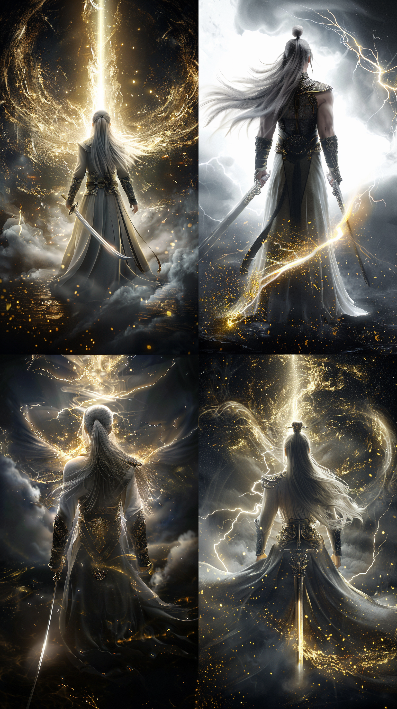 中国古代年轻男子，长发，古装，线条清晰，超清画质，cg图，霸气！超现实，强壮的身体，英雄气概，电闪雷鸣，手持长剑，负手而立！背影