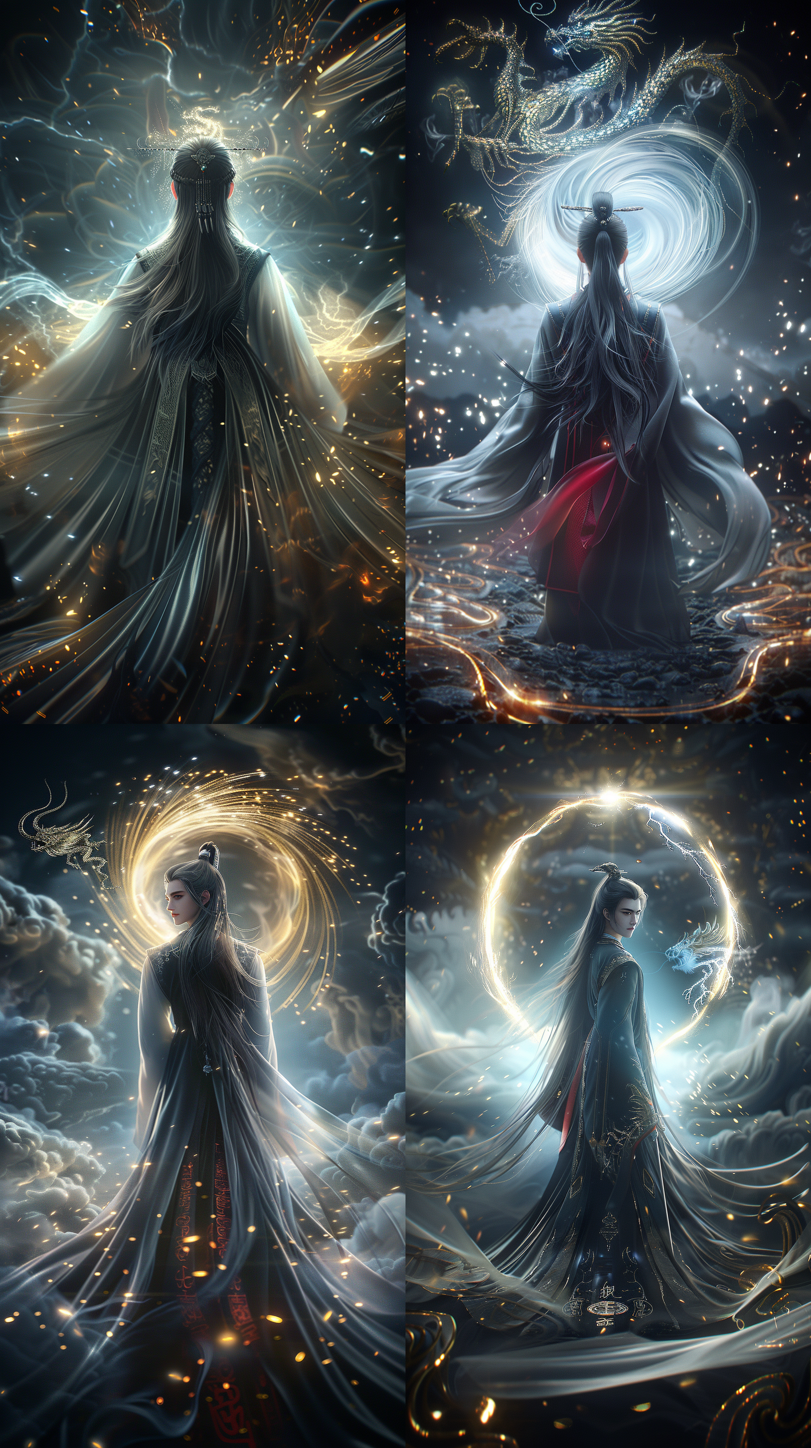 中国古代年轻男子，长发，精致黑红色古装，线条清晰，超8k，cg图，霸气！超现实，强壮的身体，英雄气概，电闪雷鸣，手持长剑，负手而立！背影，地面符文，天上飞龙，震撼，仰视镜头，玄幻效果，