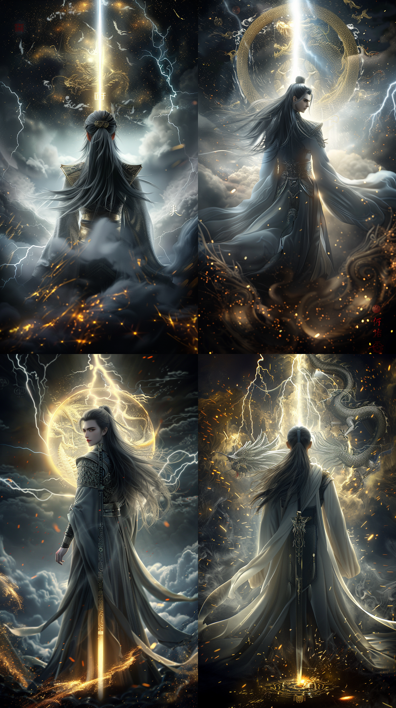 中国古代年轻男子，长发，精致黑红色古装，线条清晰，超8k，cg图，霸气！超现实，强壮的身体，英雄气概，电闪雷鸣，手持长剑，负手而立！背影，地面符文，天上飞龙，震撼，仰视镜头，玄幻效果，