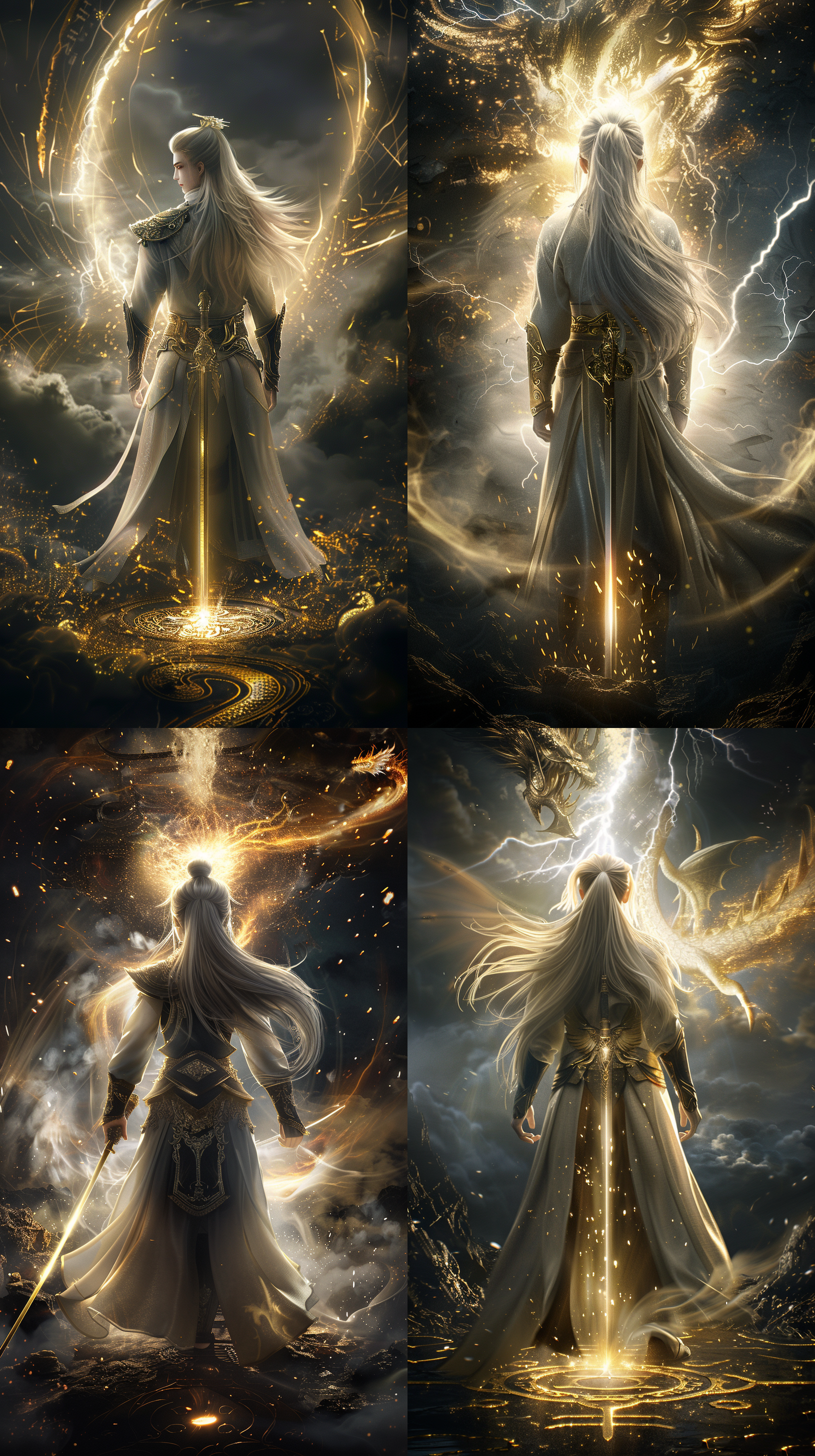 中国古代年轻男子，长发，古装，线条清晰，超8k，cg图，霸气！超现实，强壮的身体，英雄气概，电闪雷鸣，手持长剑，负手而立！背影，地面符文，天上飞龙，震撼，仰视镜头，玄幻效果，