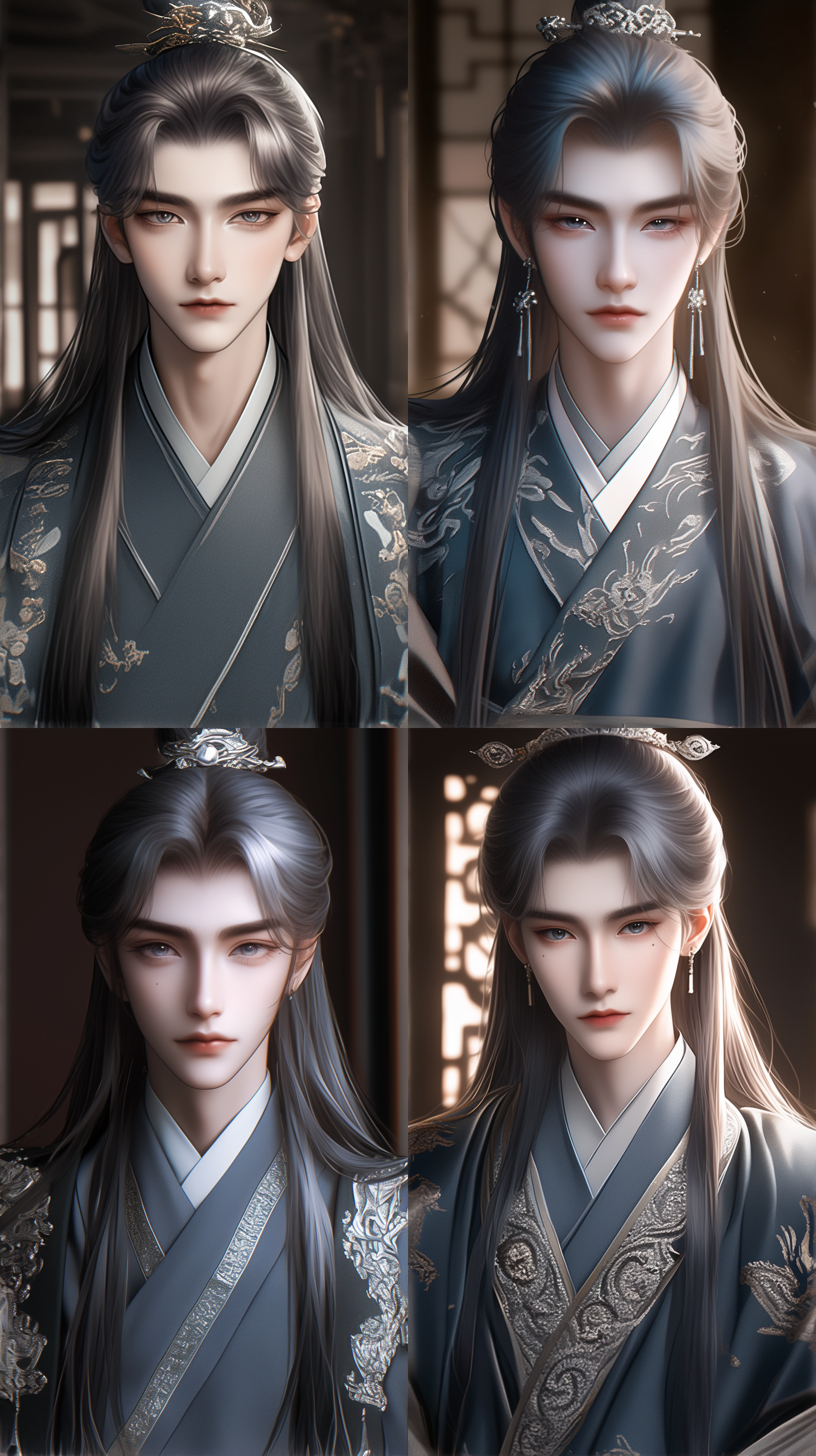 一个国风少年，奶茶色的长发，中分刘海，束发，细长眉毛，瞳孔发光，薄唇线条清晰分明，白嫩的肤质。穿着繁琐玄青色银纹长袍，披肩，超逼真，8k，头饰，室内，中国风，古建筑，场面宏大，