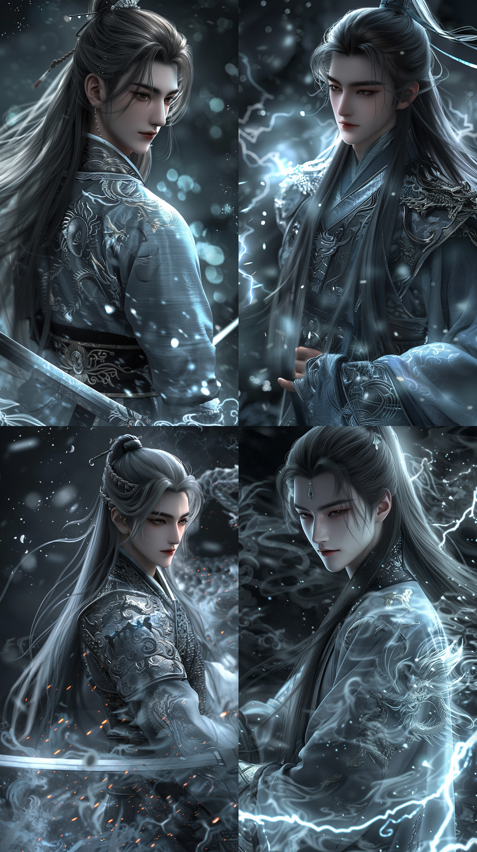 中国古代年轻男子，长发，古装，线条清晰，超8k，cg图，霸气！超现实，强壮的身体，英雄气概，电闪雷鸣，手持长剑，负手而立，地面符文，天上飞龙，震撼，仰视镜头，玄幻效果，超逼真，