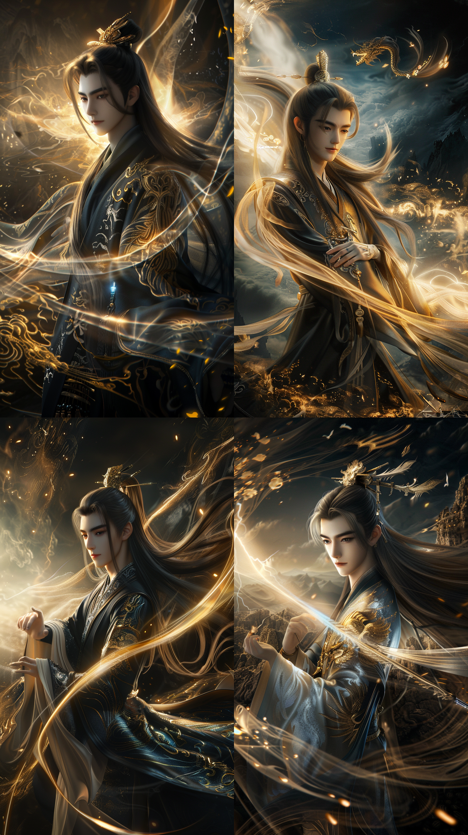 中国古代年轻男子，超级帅气，精致容貌，奶茶色长发，古装，线条清晰，8k，cg图，霸气！超现实，强壮的身体，英雄气概，电闪雷鸣，手拿长剑，震撼，御剑飞行，激烈动作，动态光影，玄幻世界。