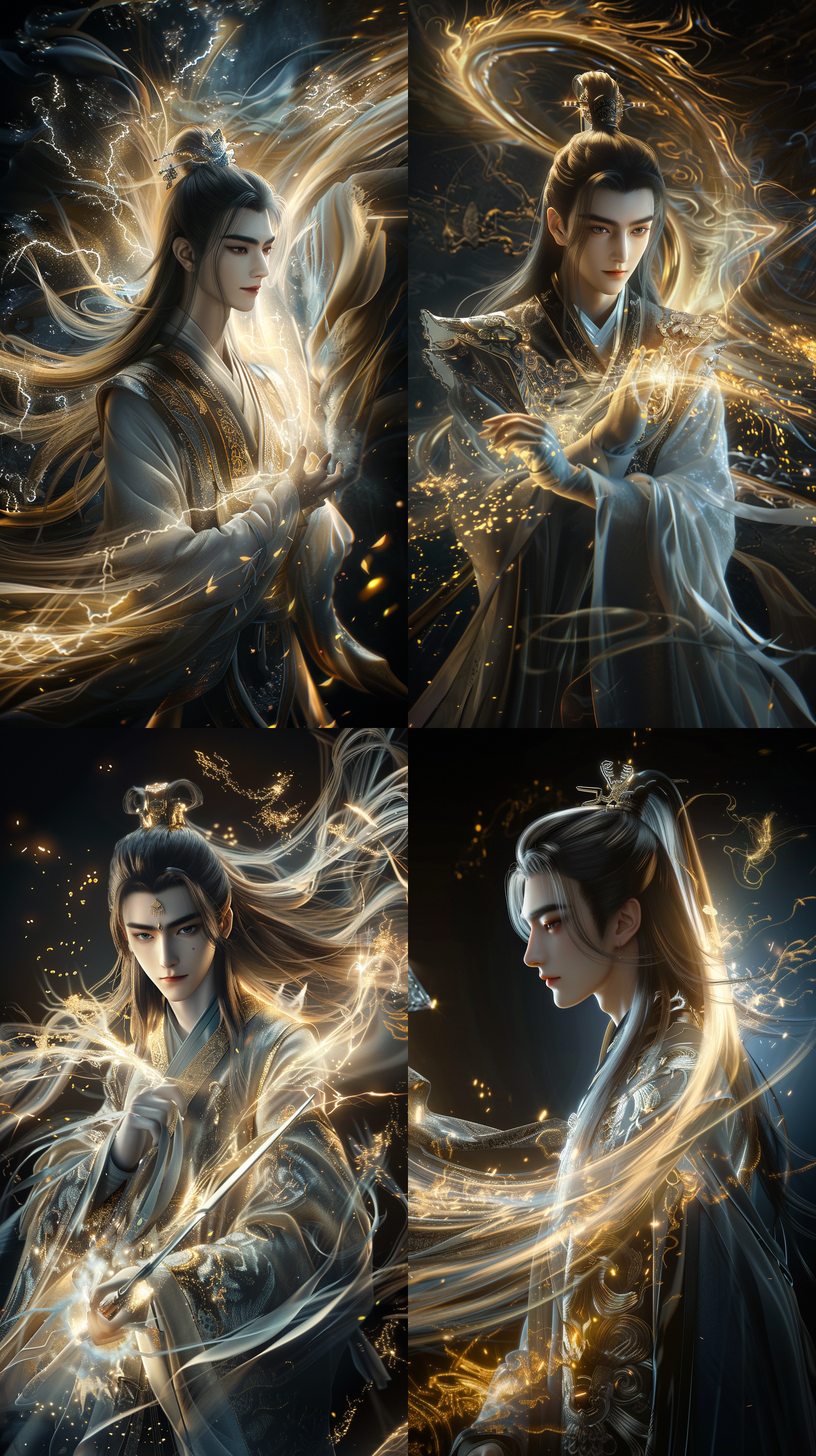 中国古代年轻男子，超级帅气，精致容貌，奶茶色长发，古装，线条清晰，8k，cg图，霸气！超现实，强壮的身体，英雄气概，电闪雷鸣，手拿长剑，震撼，御剑飞行，激烈动作，动态光影，玄幻世界。