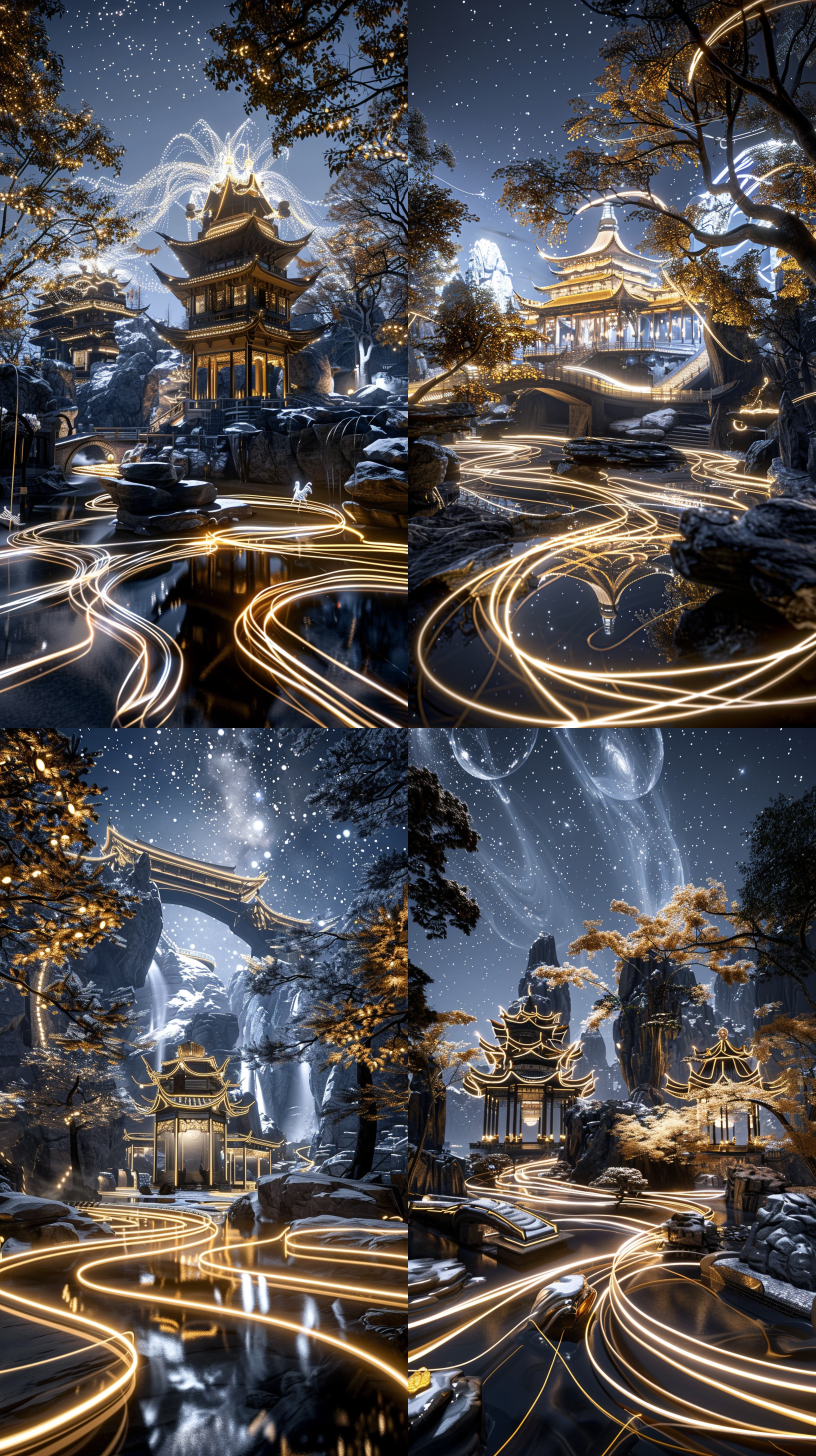 一座玻璃东方建筑，有亭台楼阁，中式飞檐，建筑内部闪闪发光，位于绿色茂密的森林中,。在超现实的古代中国cg渲染中,江南古建筑小镇旁有瑶琳仙境。 夜晚,星星璀璨,烟雾迷人,枫叶的叶树,雪景,高清，震撼