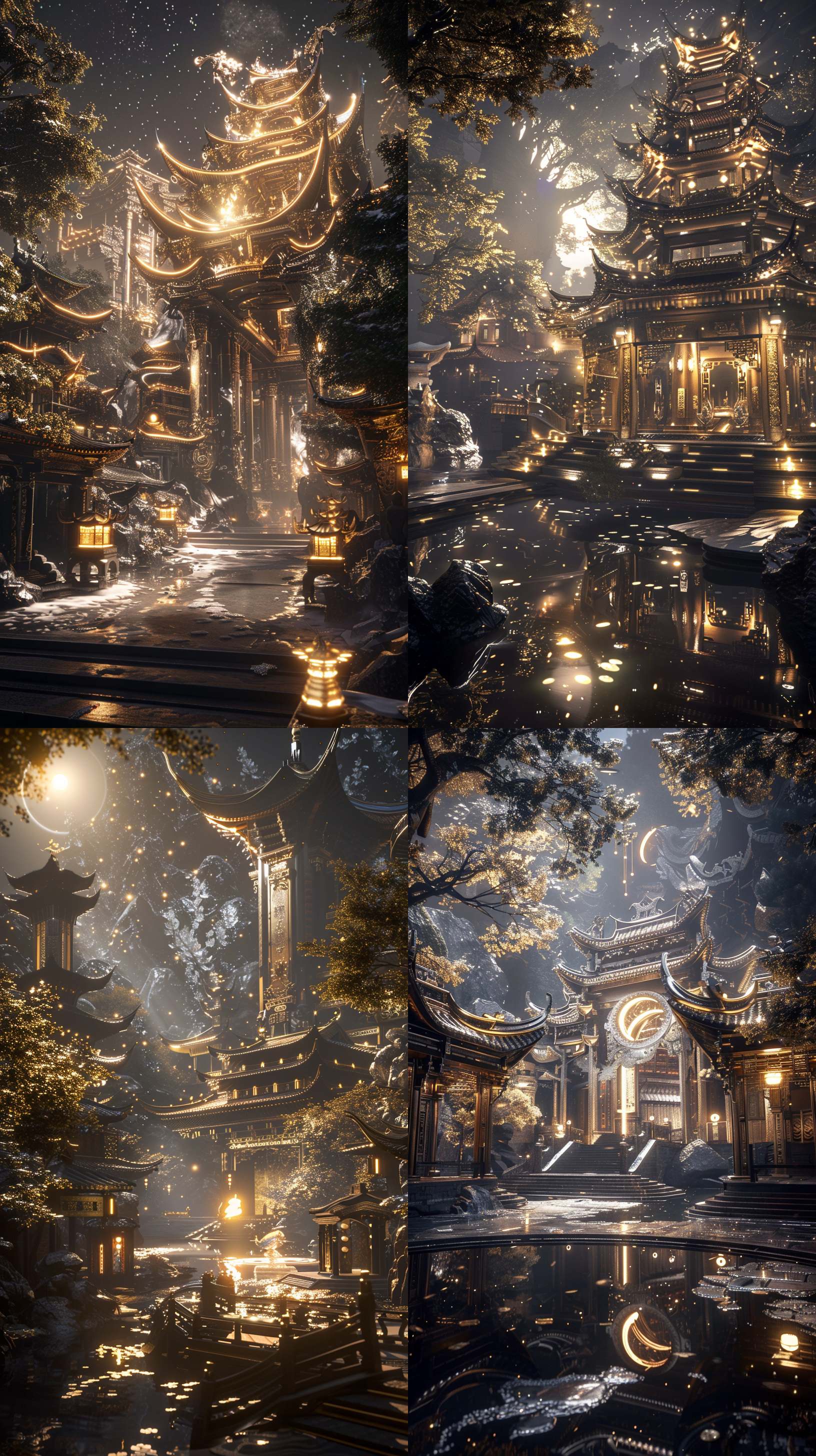 一座玻璃东方建筑，有亭台楼阁，中式飞檐，建筑内部闪闪发光，位于绿色茂密的森林中,。在超现实的古代中国cg渲染中,江南古建筑小镇旁有瑶琳仙境。 夜晚,星星璀璨,烟雾迷人,枫叶的叶树,雪景,高清，震撼