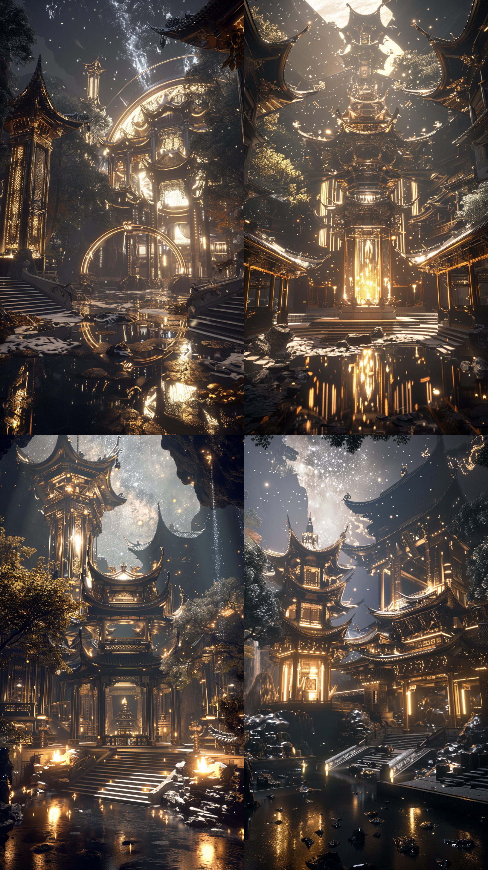 一座玻璃东方建筑，有亭台楼阁，中式飞檐，建筑内部闪闪发光，位于绿色茂密的森林中,。在超现实的古代中国cg渲染中,江南古建筑小镇旁有瑶琳仙境。 夜晚,星星璀璨,烟雾迷人,枫叶的叶树,雪景,高清，震撼