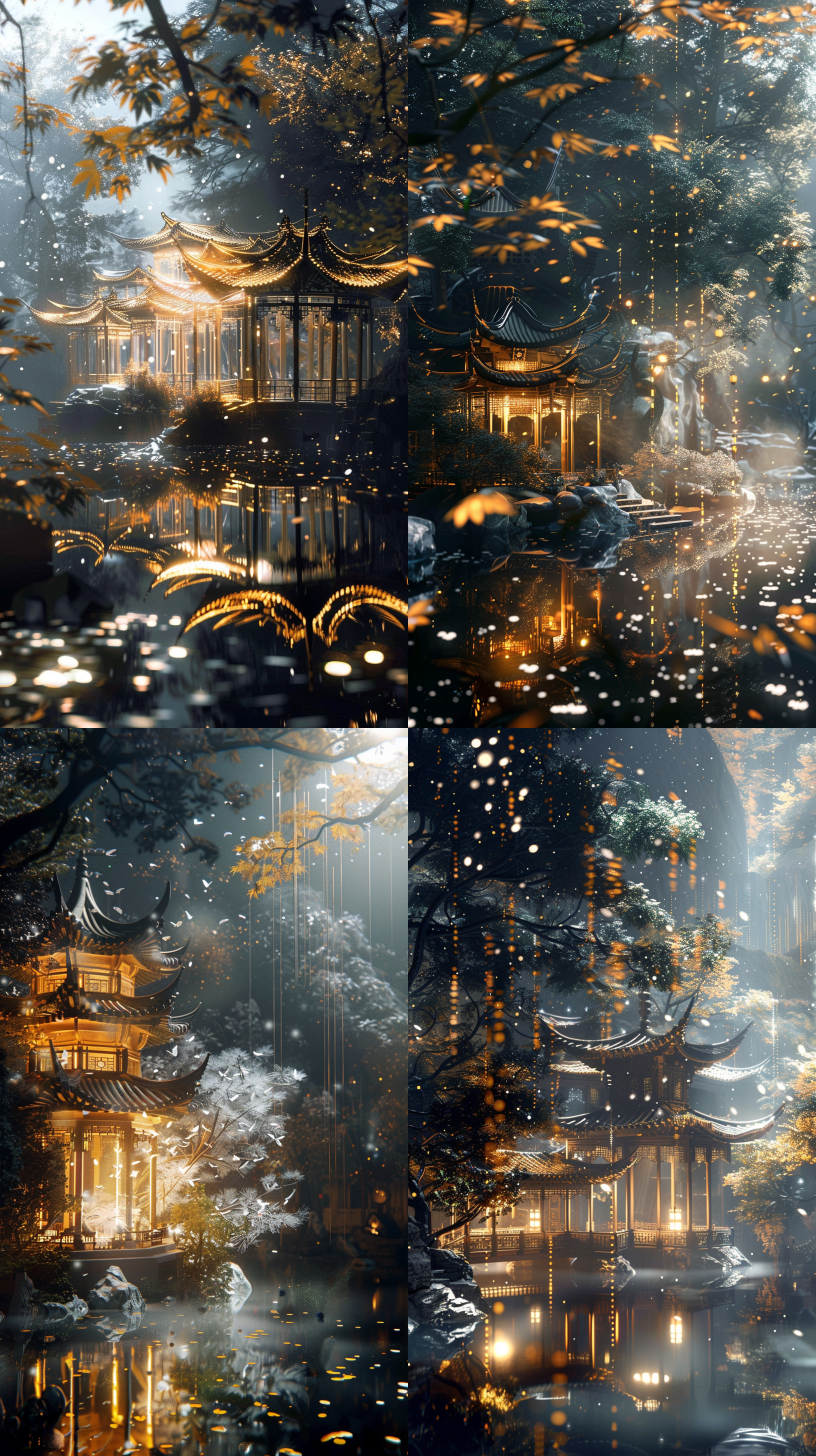 一座玻璃东方建筑，有亭台楼阁，中式飞檐，建筑内部闪闪发光，位于绿色茂密的森林中,。在超现实的古代中国cg渲染中,江南古建筑小镇旁有瑶琳仙境。 夜晚,星星璀璨,烟雾迷人,枫叶的叶树,雪景,高清，震撼