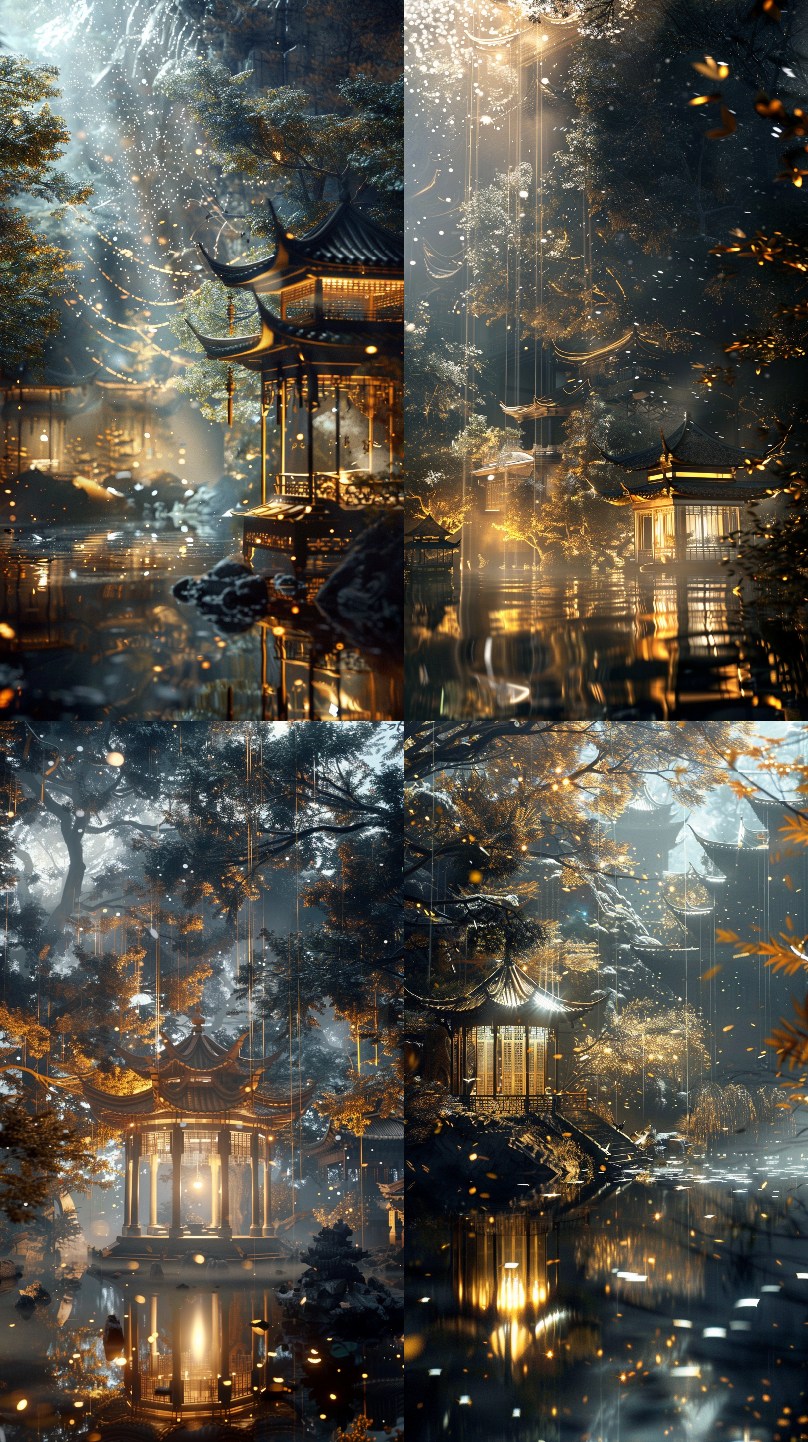一座玻璃东方建筑，有亭台楼阁，中式飞檐，建筑内部闪闪发光，位于绿色茂密的森林中,。在超现实的古代中国cg渲染中,江南古建筑小镇旁有瑶琳仙境。 夜晚,星星璀璨,烟雾迷人,枫叶的叶树,雪景,高清，震撼