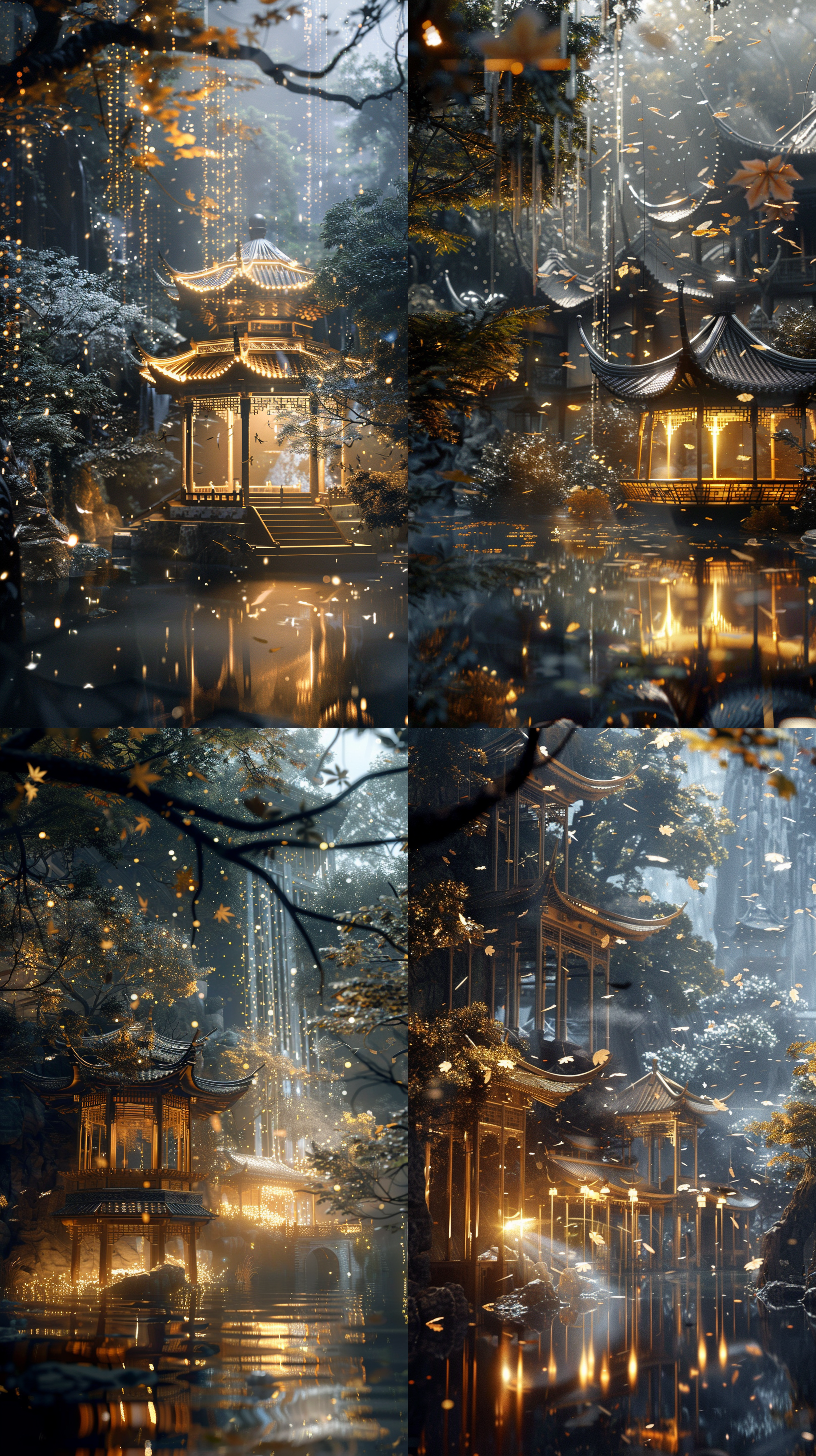 一座玻璃东方建筑，有亭台楼阁，中式飞檐，建筑内部闪闪发光，位于绿色茂密的森林中,。在超现实的古代中国cg渲染中,江南古建筑小镇旁有瑶琳仙境。 夜晚,星星璀璨,烟雾迷人,枫叶的叶树,雪景,高清，震撼