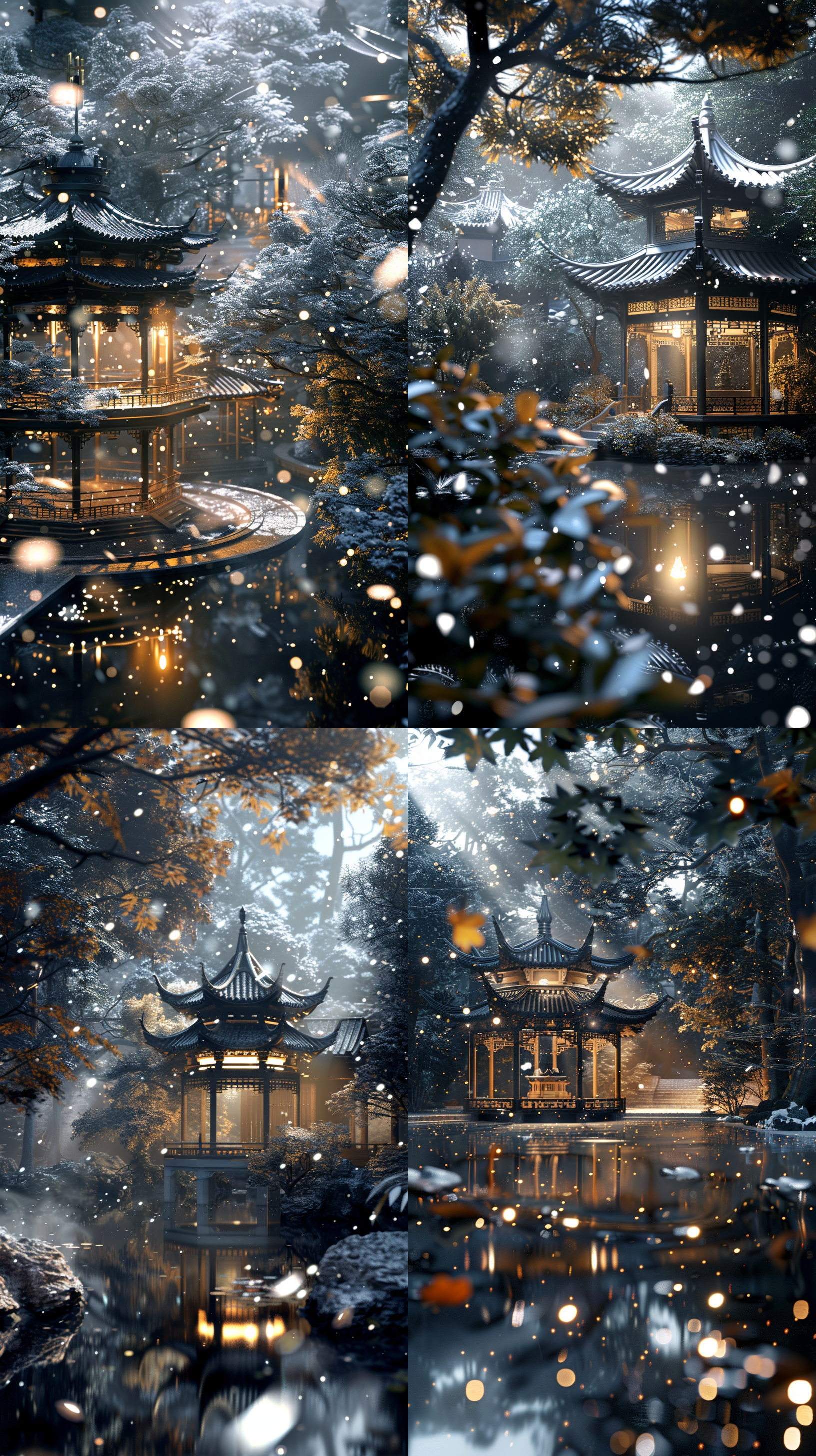 一座玻璃东方建筑，有亭台楼阁，中式飞檐，建筑内部闪闪发光，位于绿色茂密的森林中,。在超现实的古代中国cg渲染中,江南古建筑小镇旁有瑶琳仙境。 夜晚,星星璀璨,烟雾迷人,枫叶的叶树,雪景,高清，震撼