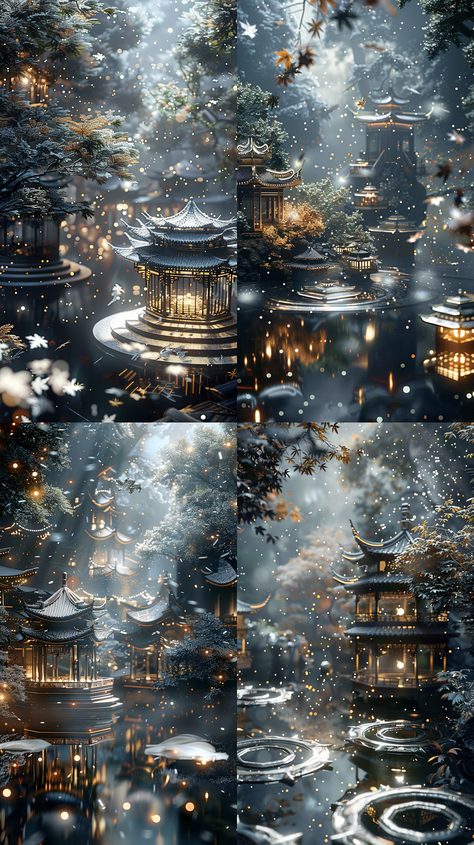 一座玻璃东方建筑，有亭台楼阁，中式飞檐，建筑内部闪闪发光，位于绿色茂密的森林中,。在超现实的古代中国cg渲染中,江南古建筑小镇旁有瑶琳仙境。 夜晚,星星璀璨,烟雾迷人,枫叶的叶树,雪景,高清，震撼