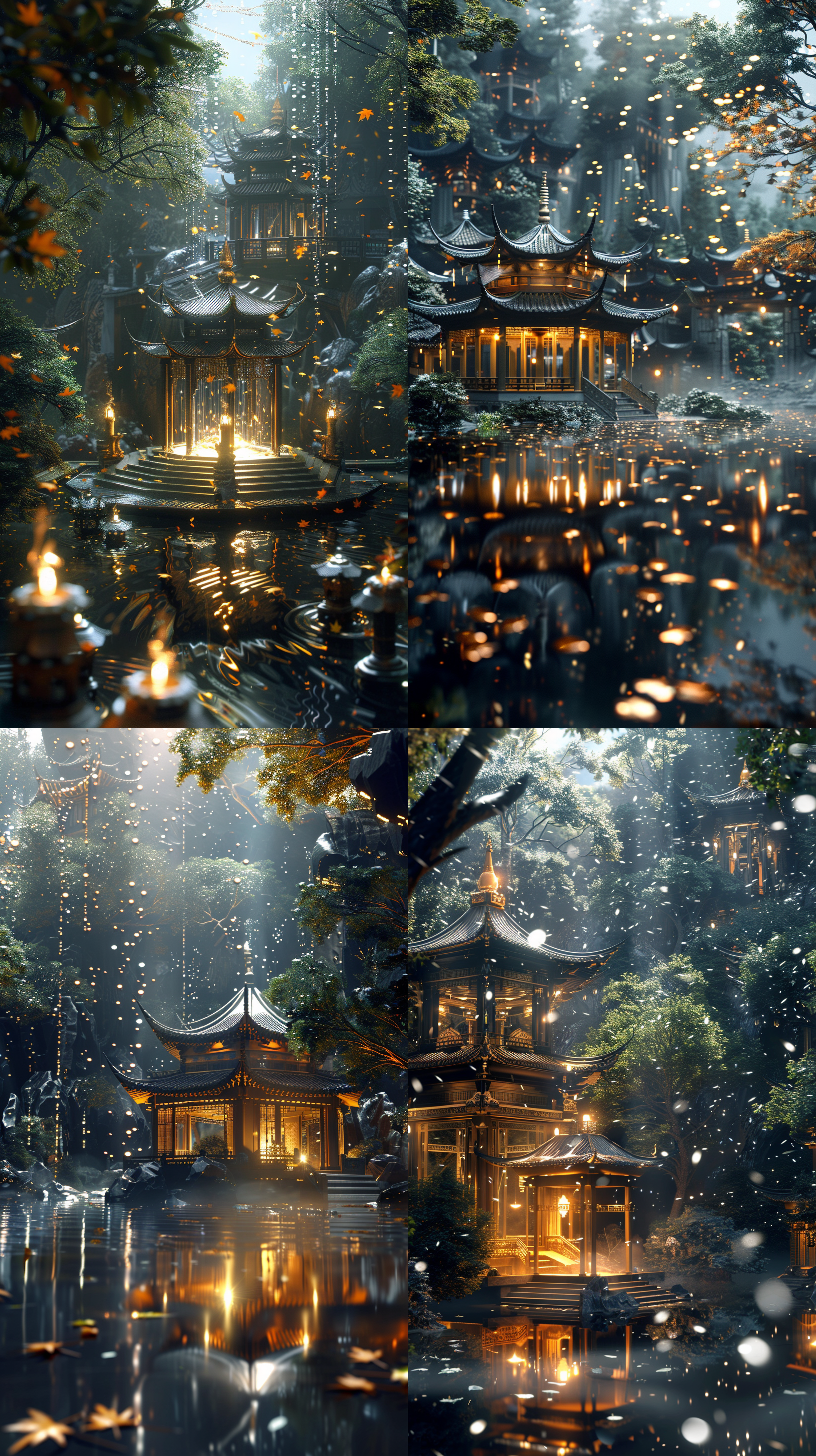 一座玻璃东方建筑，有亭台楼阁，中式飞檐，建筑内部闪闪发光，位于绿色茂密的森林中,。在超现实的古代中国cg渲染中,江南古建筑小镇旁有瑶琳仙境。 夜晚,星星璀璨,烟雾迷人,枫叶的叶树,雪景,高清，震撼