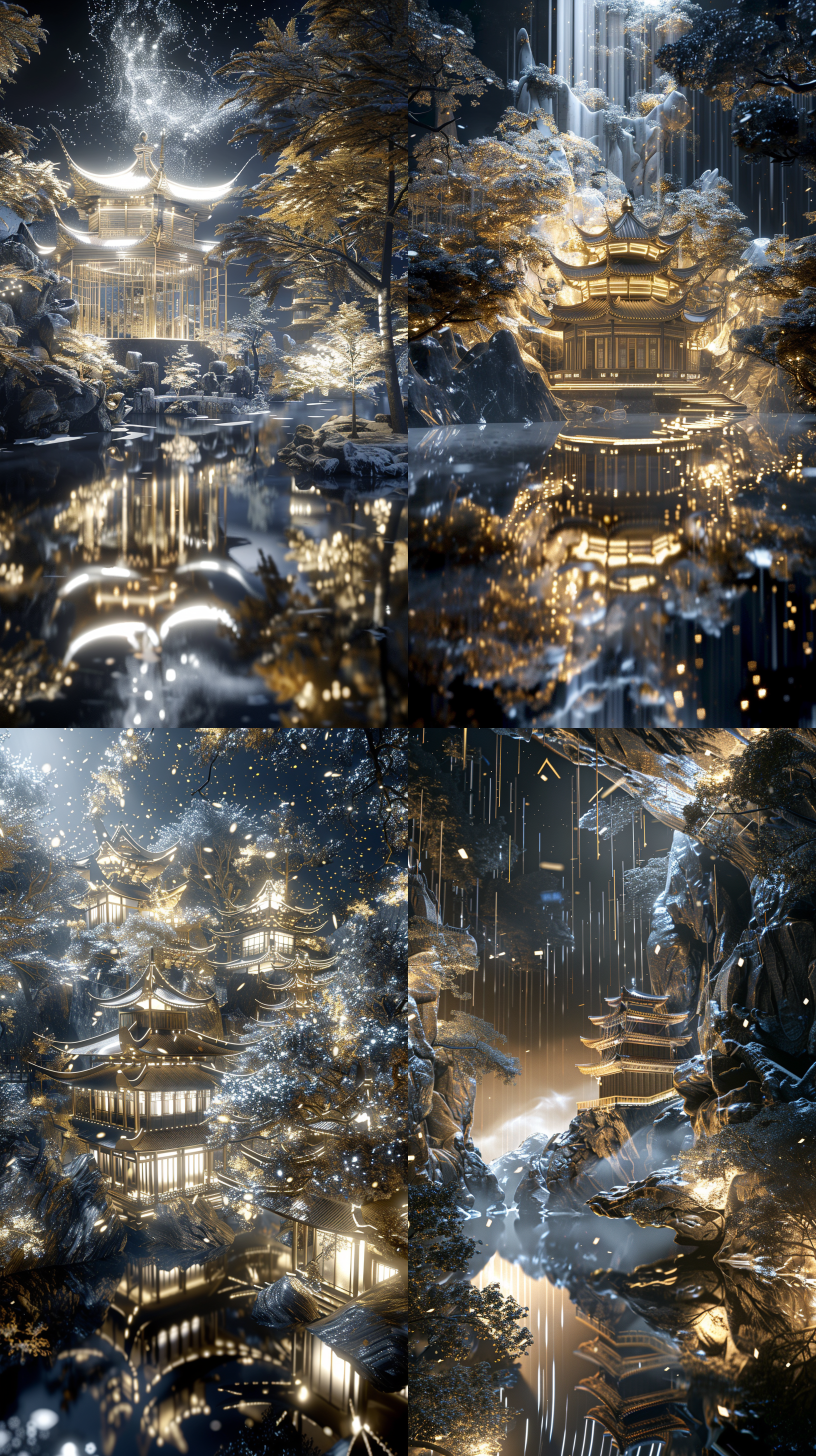 一座玻璃东方建筑，有亭台楼阁，中式飞檐，建筑内部闪闪发光，位于绿色茂密的森林中,。在超现实的古代中国cg渲染中,江南古建筑小镇旁有瑶琳仙境。 夜晚,星星璀璨,烟雾迷人,枫叶的叶树,雪景,高清，震撼