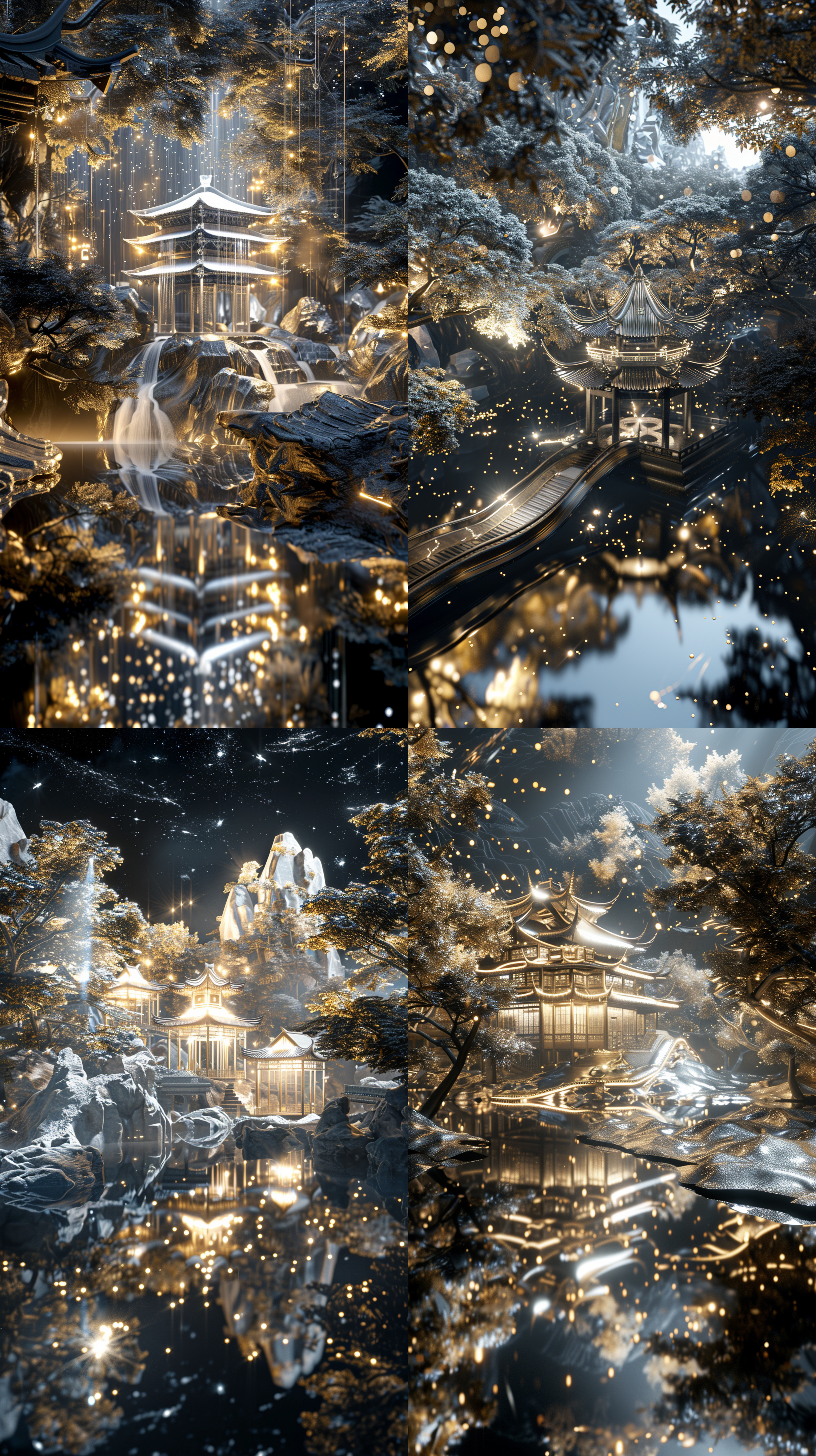 一座玻璃东方建筑，有亭台楼阁，中式飞檐，建筑内部闪闪发光，位于绿色茂密的森林中,。在超现实的古代中国cg渲染中,江南古建筑小镇旁有瑶琳仙境。 夜晚,星星璀璨,烟雾迷人,枫叶的叶树,雪景,高清，震撼