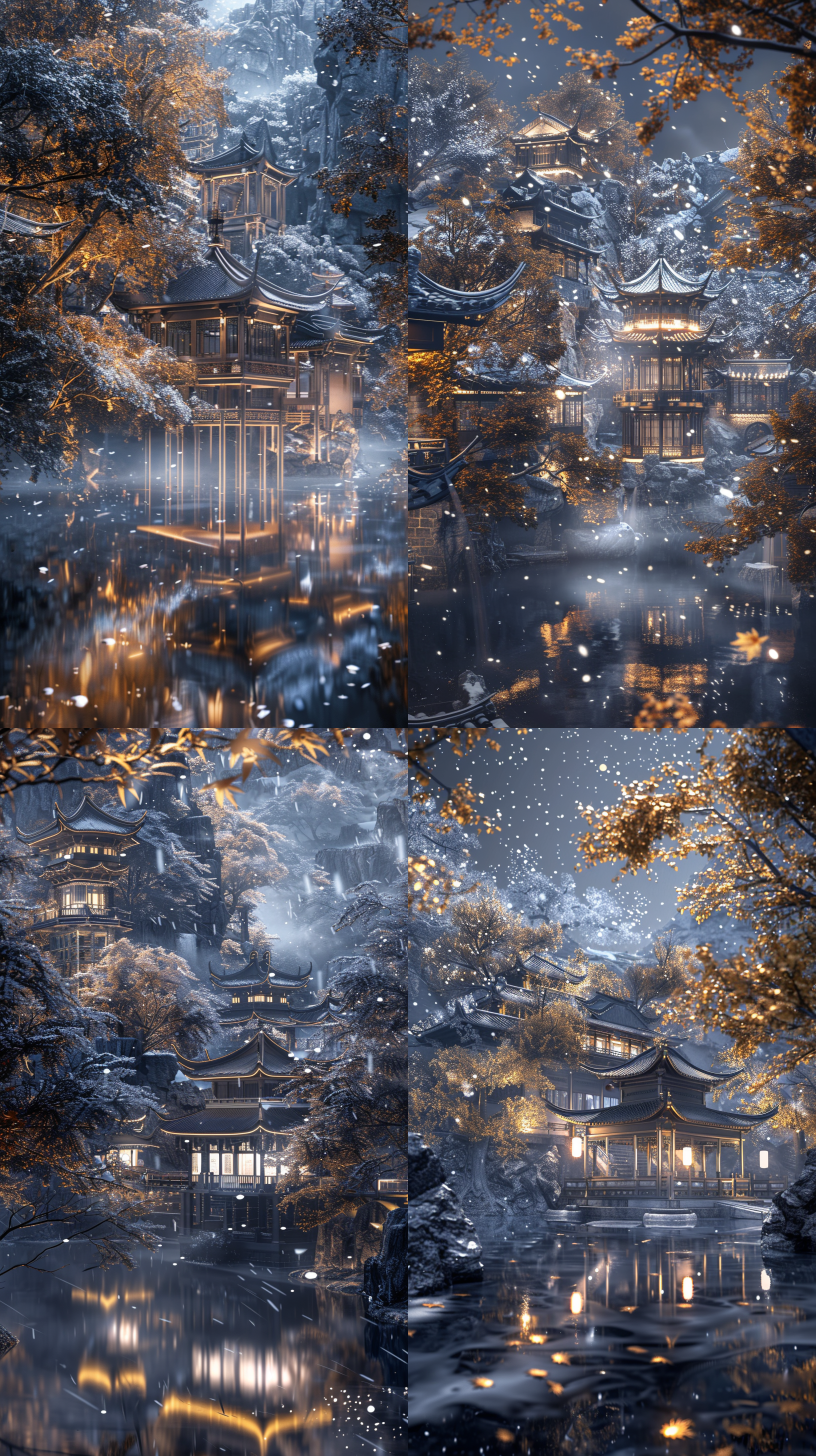 一座玻璃东方建筑，有亭台楼阁，中式飞檐，建筑内部闪闪发光，位于绿色茂密的森林中,。在超现实的古代中国cg渲染中,江南古建筑小镇旁有瑶琳仙境。 夜晚,星星璀璨,烟雾迷人,枫叶的叶树,雪景,高清，震撼