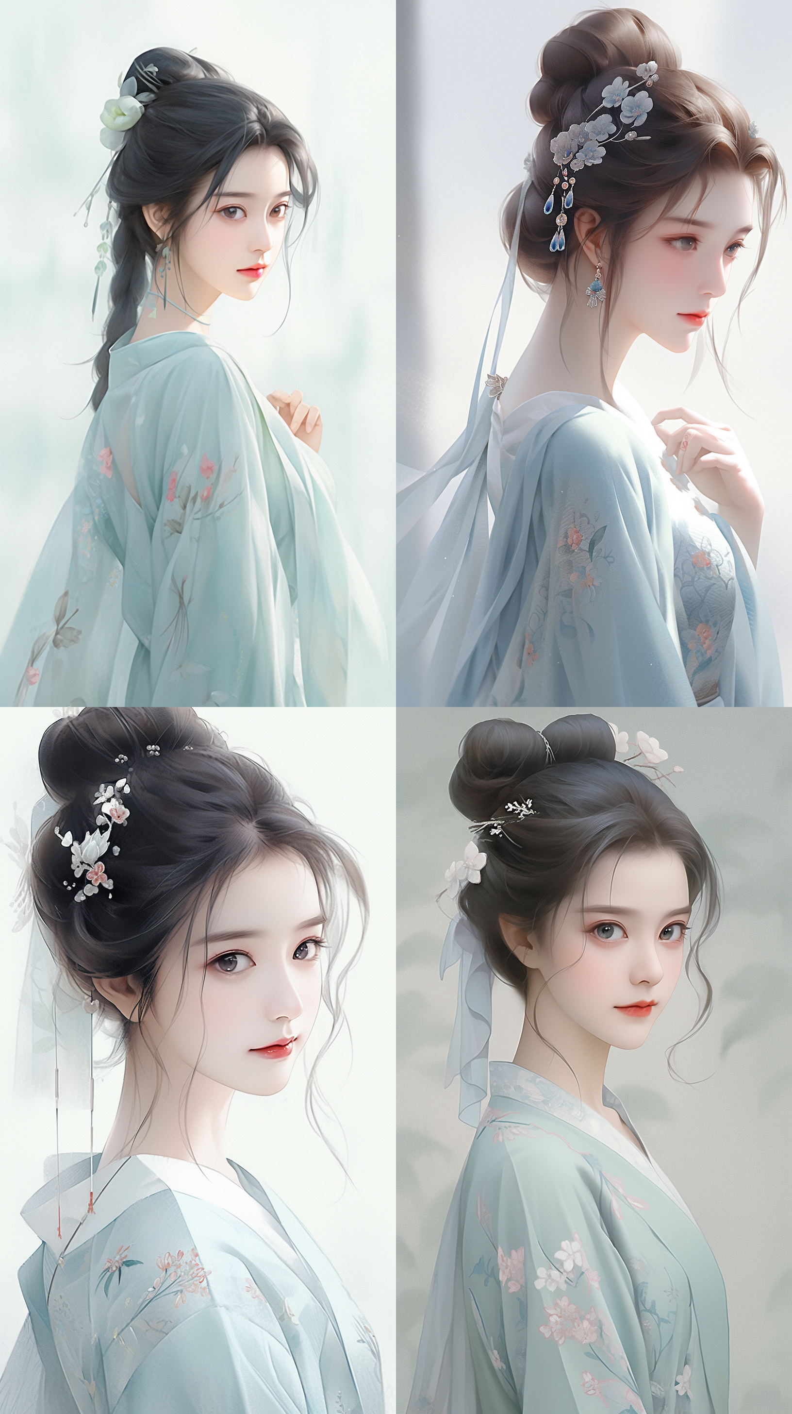 中国风古典美女，绝美五官，仪态万方明媚妖娆，束发，古装淡青色撒花五彩花草纹样素面杭绸圆领偏襟华衣，细膩细节，线条清晰，古风，古典建筑，白晰的肌肤，超清画质，自然光，正脸看我，超现实，俯视镜头，向我伸手，动态光影，光角镜头