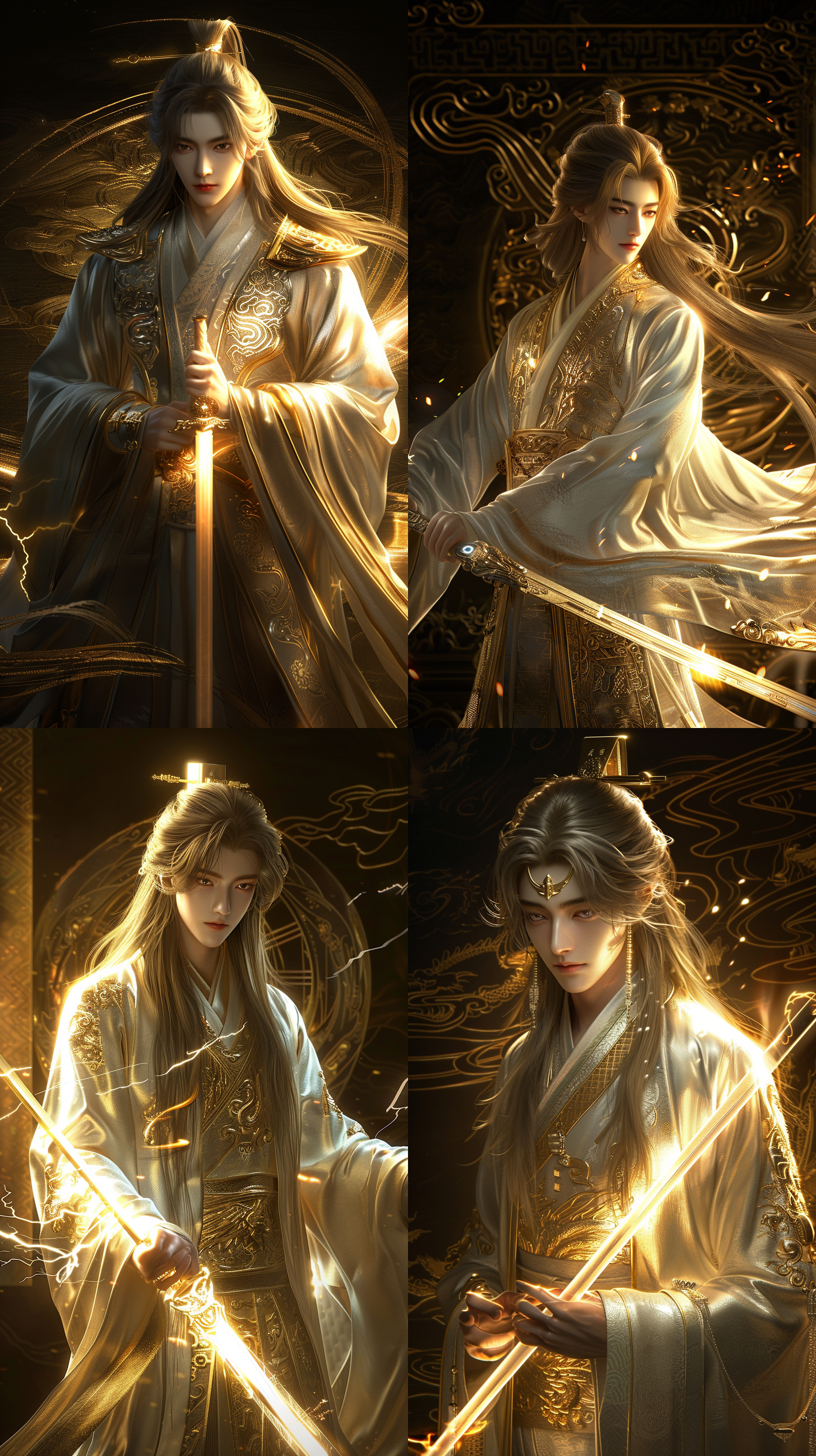 中国古代年轻男子，超级帅气，精致容貌，奶茶色长发，古装，线条清晰，8k，cg图，霸气！超现实，强壮的身体，英雄气概，电闪雷鸣，手拿长剑真实比例，背景玄幻场景，御剑飞行，剧烈动作，动态光影，广角镜头，三维，虚幻引擎，oc渲染器，