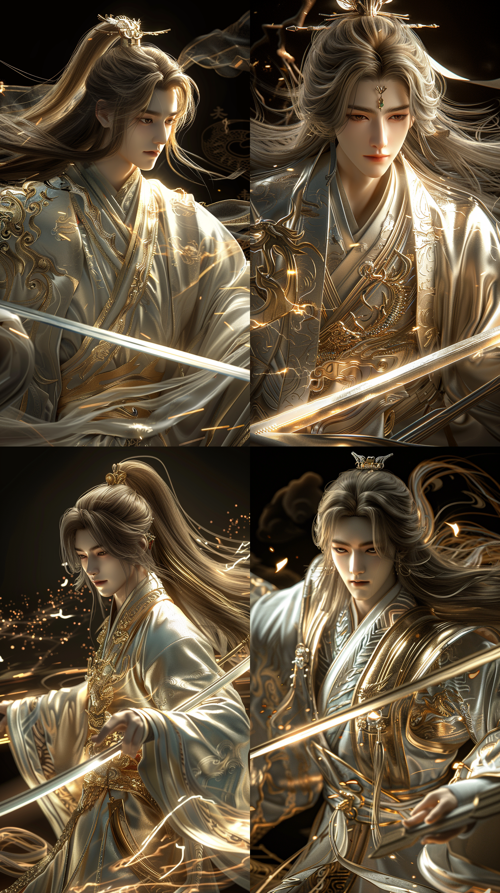 中国古代年轻男子，超级帅气，精致容貌，奶茶色长发，古装，线条清晰，8k，cg图，霸气！超现实，强壮的身体，英雄气概，电闪雷鸣，手拿长剑真实比例，背景玄幻场景，御剑飞行，剧烈动作，动态光影，广角镜头，三维，虚幻引擎，oc渲染器，