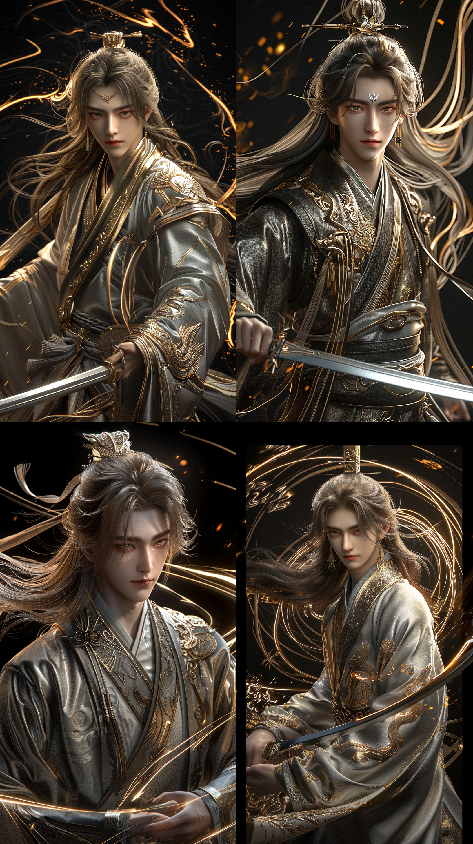 中国古代年轻男子，超级帅气，精致容貌，奶茶色长发，玄色古装，线条清晰，8k，cg图，霸气！超现实，强壮的身体，英雄气概，电闪雷鸣，手拿长剑真实比例，背景玄幻场景，御剑飞行，剧烈动作，动态光影，广角镜头，三维，虚幻引擎，oc渲染器，