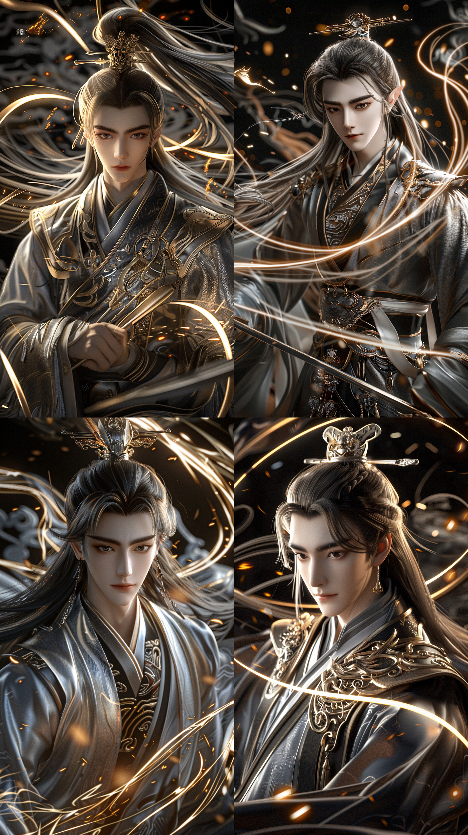 中国古代年轻男子，超级帅气，精致容貌，奶茶色长发，玄色古装，线条清晰，8k，cg图，霸气！超现实，强壮的身体，英雄气概，电闪雷鸣，手拿长剑真实比例，背景玄幻场景，御剑飞行，剧烈动作，动态光影，广角镜头，三维，虚幻引擎，oc渲染器，