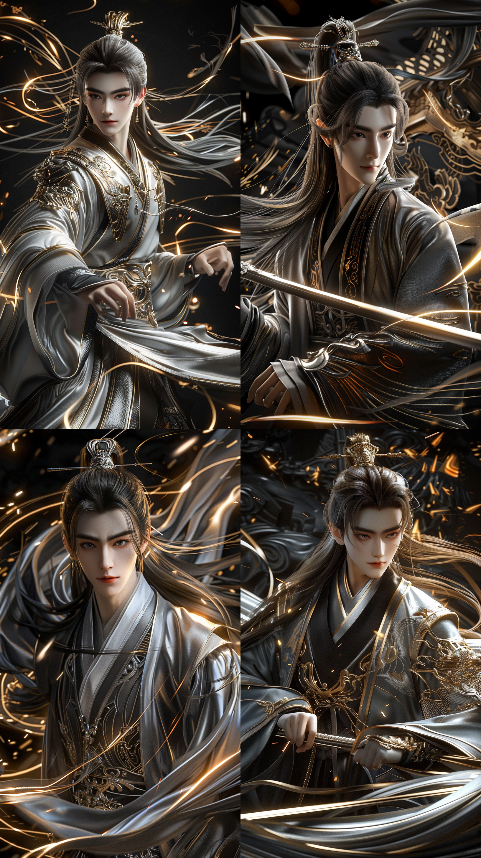 中国古代年轻男子，超级帅气，精致容貌，奶茶色长发，玄色古装，线条清晰，8k，cg图，霸气！超现实，强壮的身体，英雄气概，电闪雷鸣，手拿长剑真实比例，背景玄幻场景，御剑飞行，剧烈动作，动态光影，广角镜头，三维，虚幻引擎，oc渲染器，