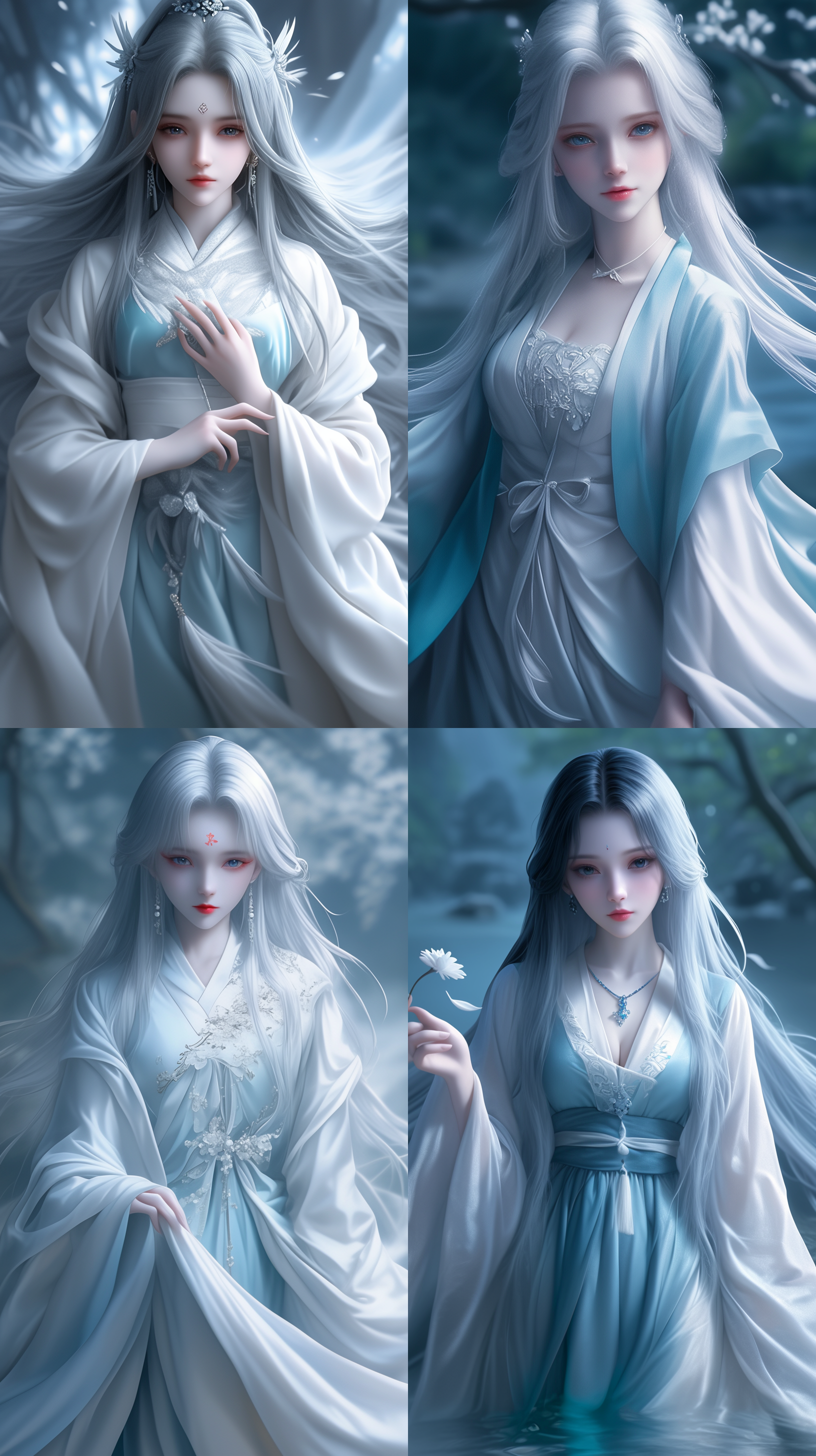 ancient beauty, chinese style, blue ancient costume long dress, white hair temples, curled hair, willow eyebrows, phoenix eyes, peach blossom lips, cool temperament, delicate skin texture, ultra clear facial features, natural light, facial lighting, 3d, soft focus effect, symmetrical composition, telephoto lens, delicate texture, 32k high-definition wallpaper, ultra high-definition picture quality, stunning appearance, full body photo, soft light, fairy tale style, front face lens, lying by the stream, fabric texture of clothes, layered ancient costume, embroidery, hot figure, surreal, lying on the ground to watch me, anime enhancement