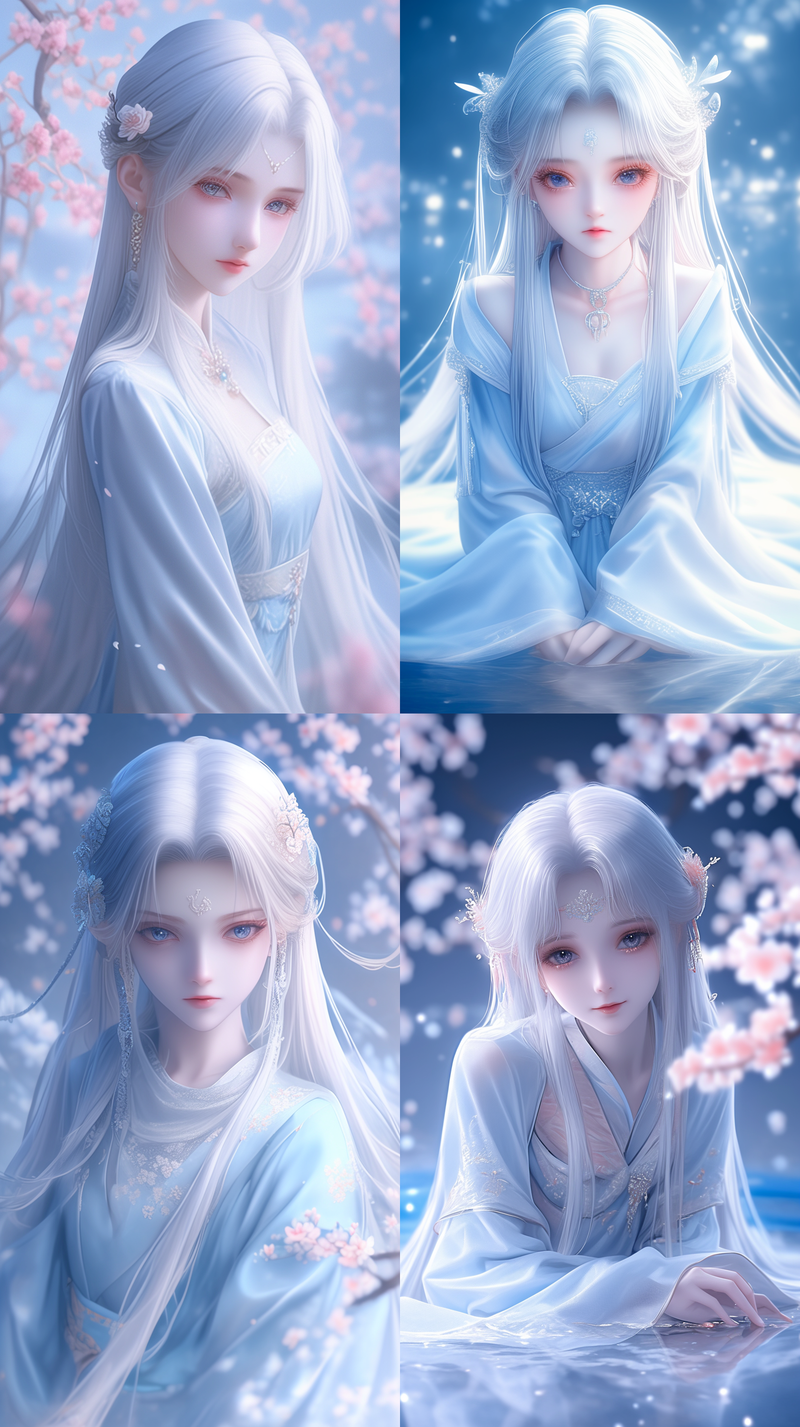 ancient beauty, chinese style, blue ancient dress, white hair temples, curled hair, willow eyebrows, phoenix eyes, peach lips, cool temperament, delicate skin texture, ultra clear facial features, natural light, facial lighting, 3d, soft focus effect, symmetrical composition, telephoto lens, delicate texture, 32k high-definition wallpaper, ultra-high definition picture quality, stunning appearance, full body perspective, immortal style, front face lens, lying by the stream, clothing texture, layering, ancient costume, embroidery, hot figure, surreal, lying on the ground to see me, anime enhancement