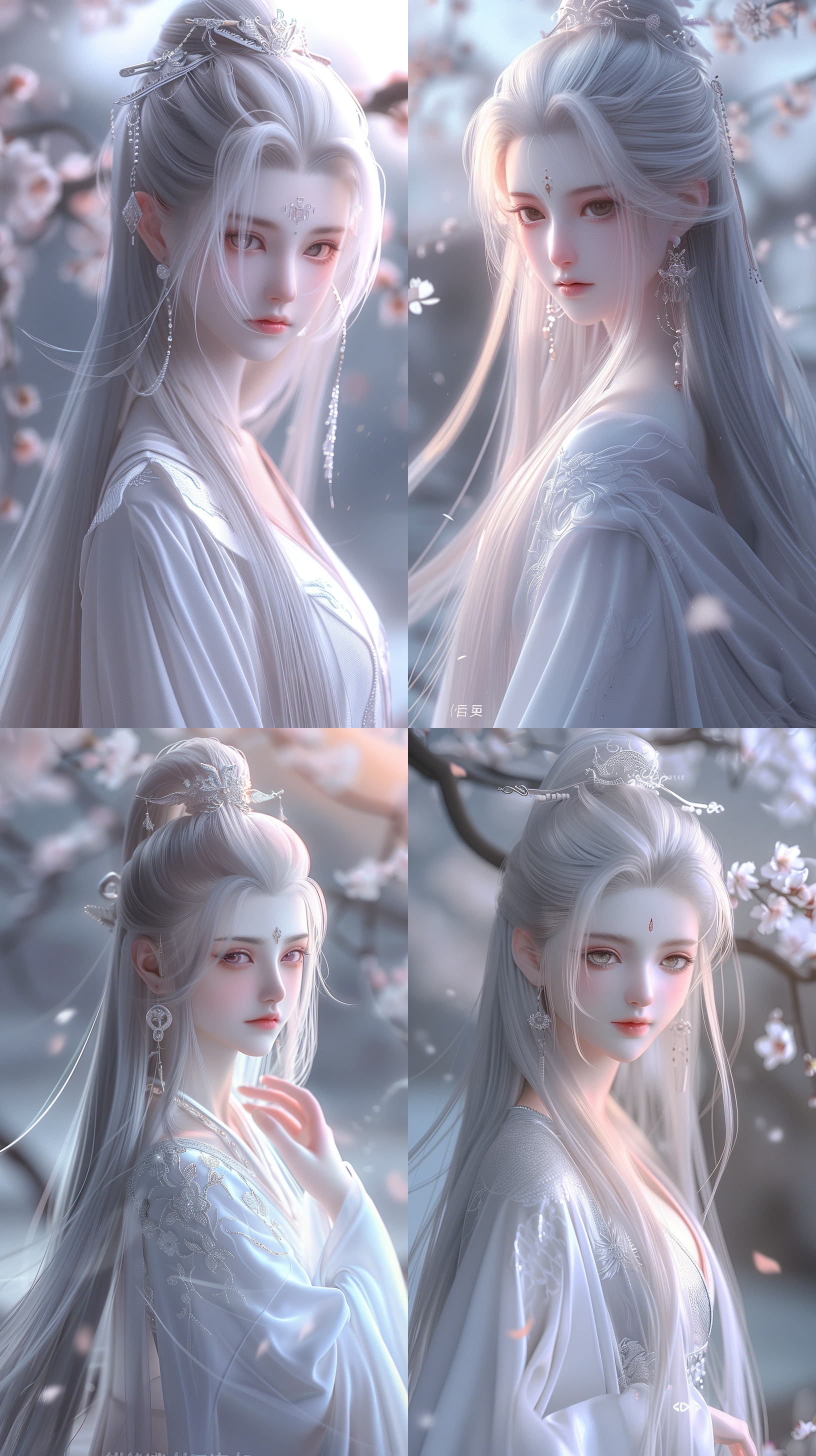 古代美女，国风，长裙，绝世容颜，白色长发，发簪，盘发，柳眉，凤眼，桃花唇，清冷气质，肤质细膩，超清五官，自然光，脸上打光，3d，柔焦效果，对称构图，长焦镜头，细膩纹理，32k高清壁纸，超高清画质，绝美容颜，全身照，柔光，仙侠风格，正脸镜头，躺在溪流边，衣服质感，层次感古装，苏绣刺绣，身材火辣，超现实，动漫增强，