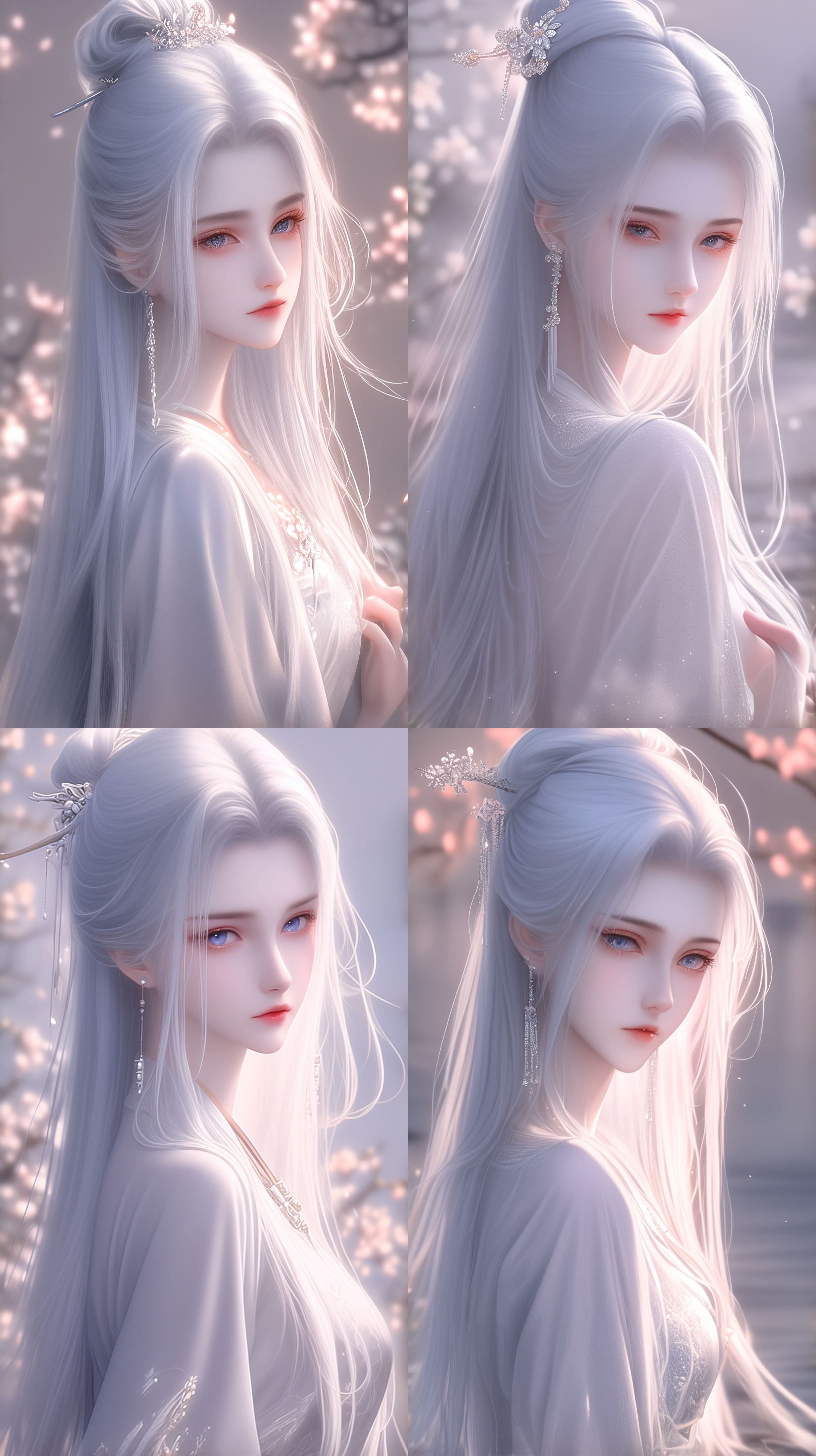 古代美女，国风，长裙，绝世容颜，白色长发，发簪，盘发，柳眉，凤眼，桃花唇，清冷气质，肤质细膩，超清五官，自然光，脸上打光，3d，柔焦效果，对称构图，长焦镜头，细膩纹理，32k高清壁纸，超高清画质，绝美容颜，全身照，柔光，仙侠风格，正脸镜头，躺在溪流边，衣服质感，层次感古装，苏绣刺绣，身材火辣，超现实，动漫增强，