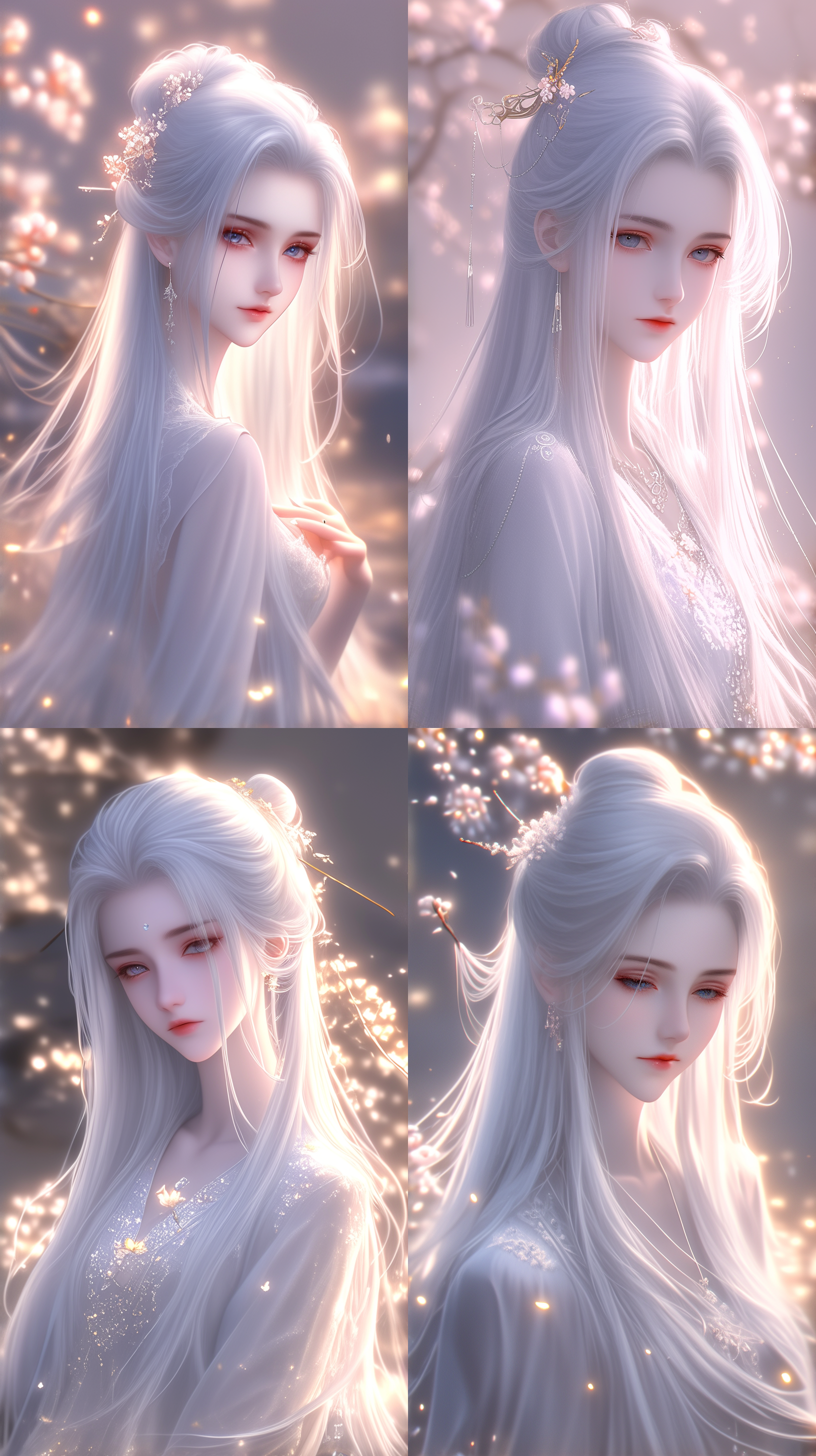 古代美女，国风，长裙，绝世容颜，白色长发，发簪，盘发，柳眉，凤眼，桃花唇，清冷气质，肤质细膩，超清五官，自然光，脸上打光，3d，柔焦效果，对称构图，长焦镜头，细膩纹理，32k高清壁纸，超高清画质，绝美容颜，全身照，柔光，仙侠风格，正脸镜头，躺在溪流边，衣服质感，层次感古装，苏绣刺绣，身材火辣，超现实，动漫增强，