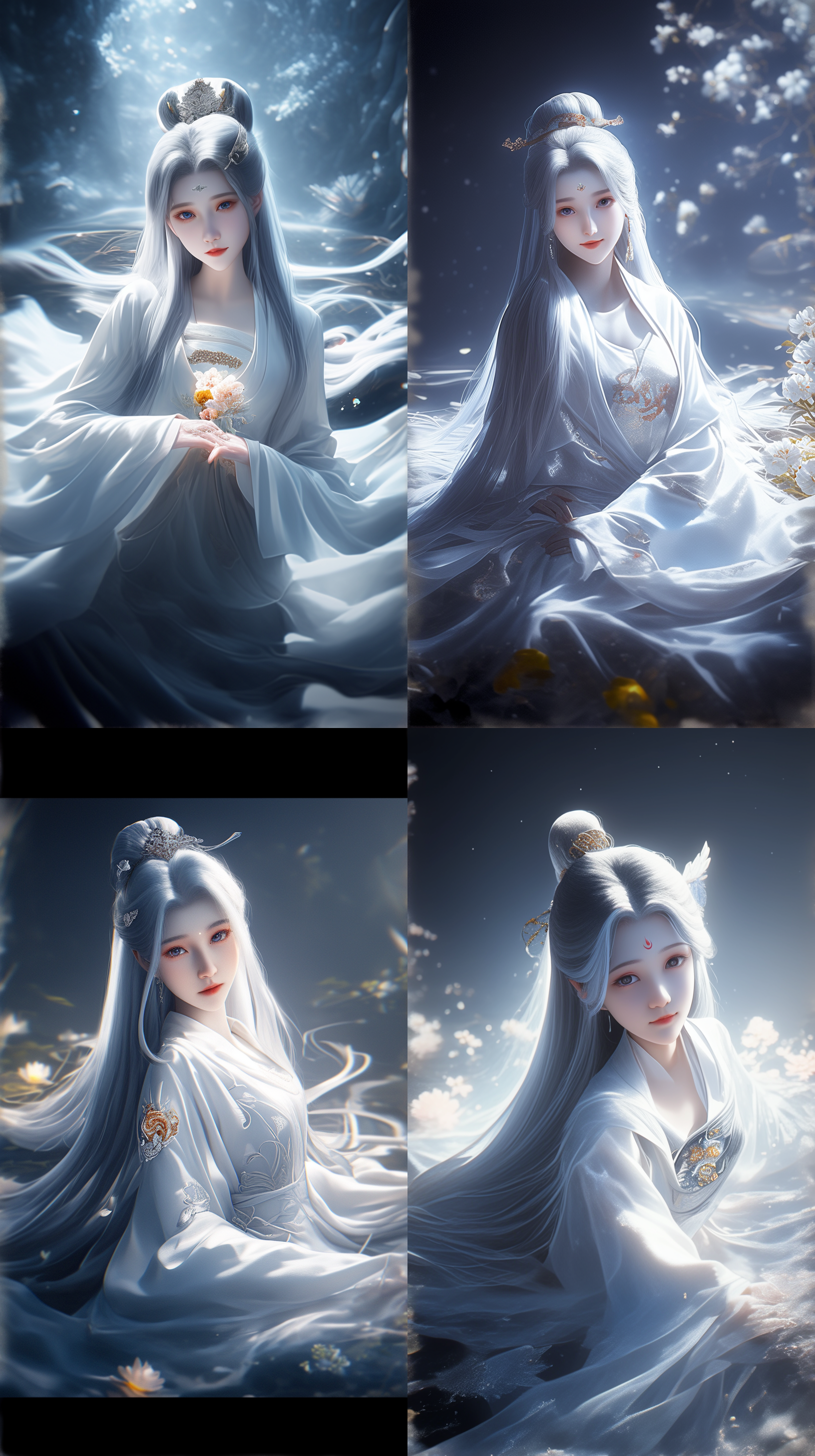 古代美女，国风，长裙，绝世容颜，白色长发，发簪，盘发，柳眉，凤眼，桃花唇，清冷气质，肤质细膩，超清五官，自然光，脸上打光，3d，柔焦效果，对称构图，长焦镜头，细膩纹理，32k高清壁纸，超高清画质，绝美容颜，全身照，柔光，仙侠风格，正脸镜头，躺在溪流边，衣服质感，层次感古装，苏绣刺绣，身材火辣，动漫增强，