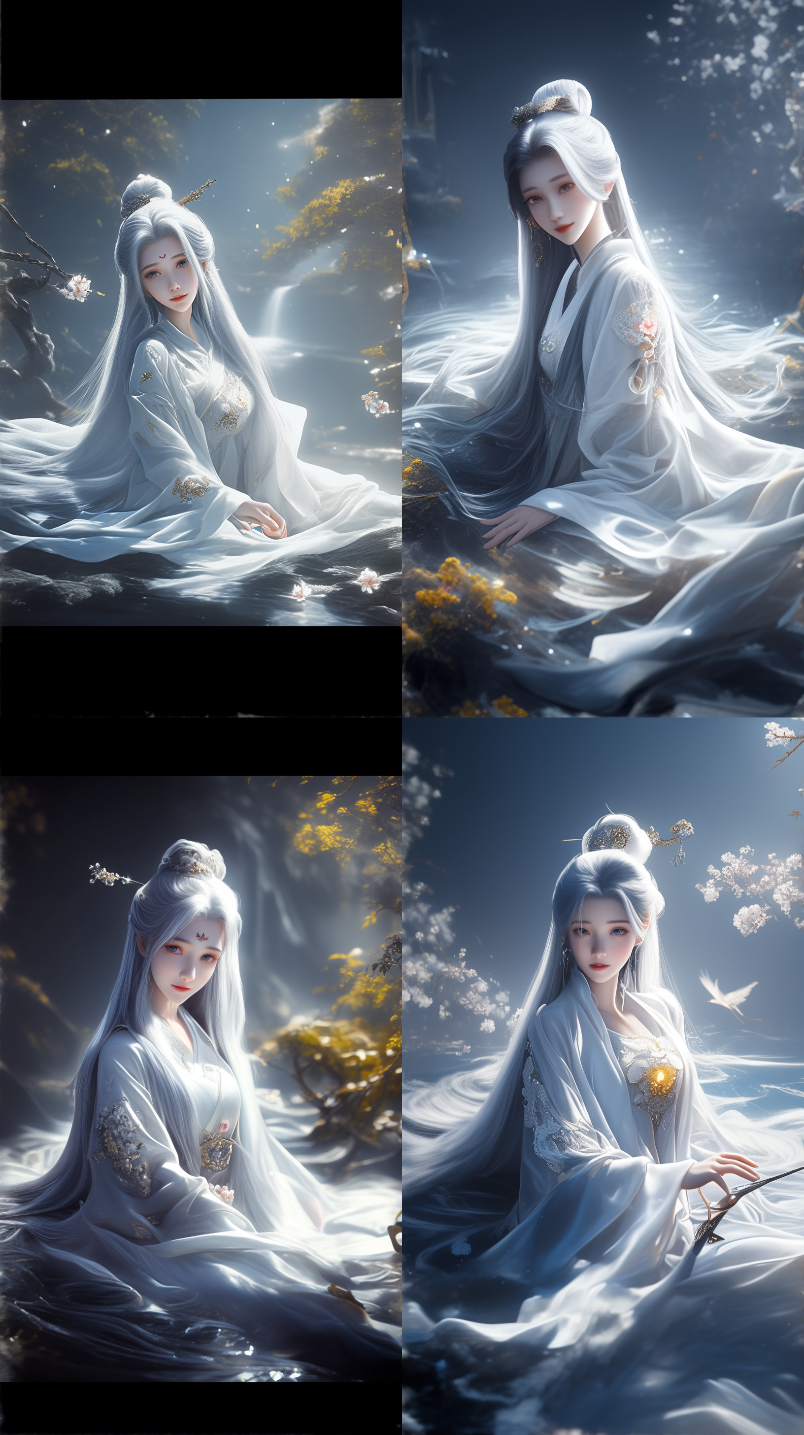 古代美女，国风，长裙，绝世容颜，白色长发，发簪，盘发，柳眉，凤眼，桃花唇，清冷气质，肤质细膩，超清五官，自然光，脸上打光，3d，柔焦效果，对称构图，长焦镜头，细膩纹理，32k高清壁纸，超高清画质，绝美容颜，全身照，柔光，仙侠风格，正脸镜头，躺在溪流边，衣服质感，层次感古装，苏绣刺绣，身材火辣，动漫增强，