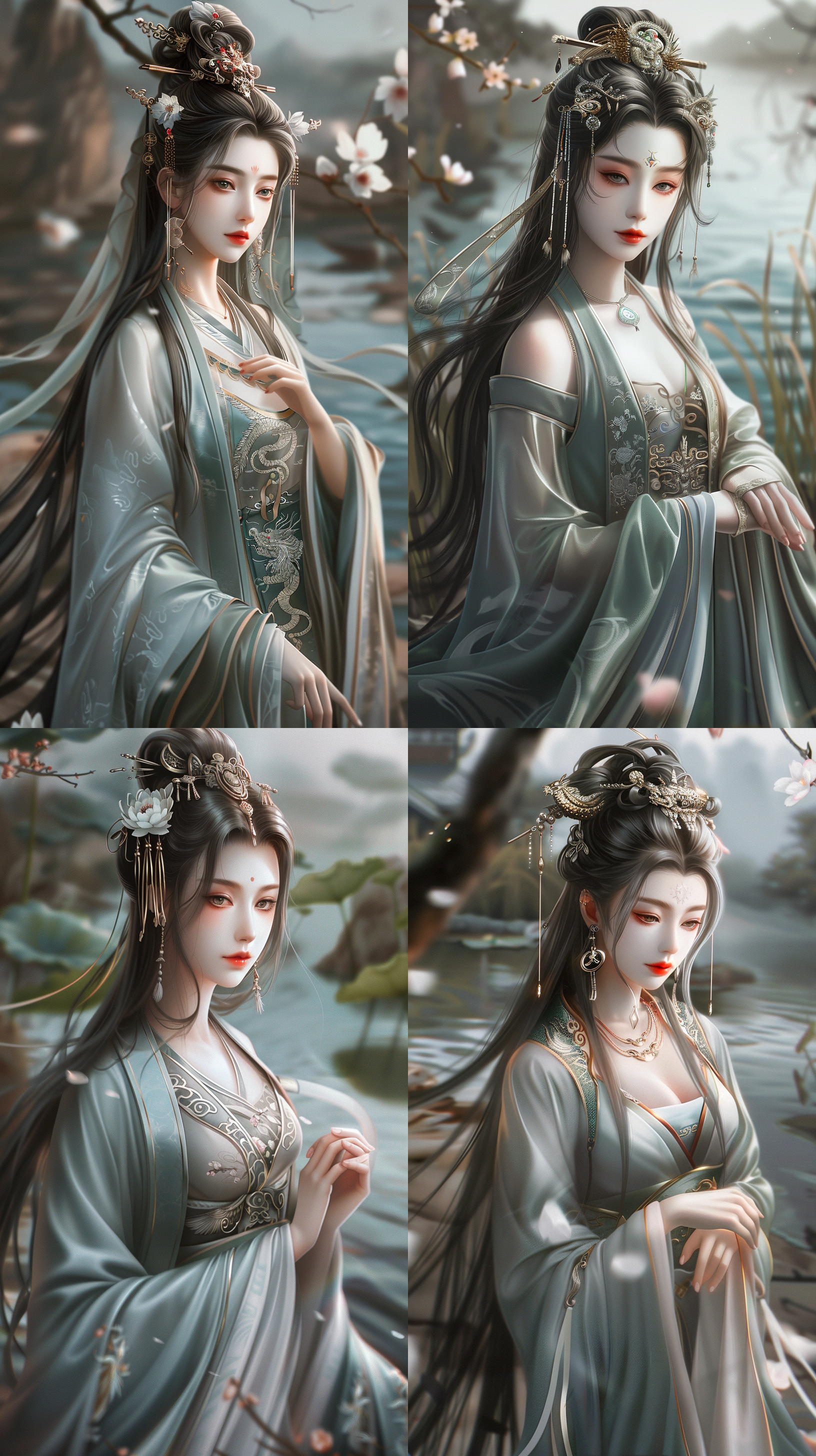 唐代美女，国风，长裙，绝世容颜，白色长发，发簪，盘发，柳眉，凤眼，桃花唇，清冷气质，肤质细膩，超清五官，自然光，脸上打光，3d，柔焦效果，对称构图，长焦镜头，细膩纹理，32k高清壁纸，超高清画质，绝美容颜，全身照，柔光，仙侠风格，正脸镜头，站在溪流边，衣服质感，层次感古装，苏绣刺绣，身材火辣，动漫增强，