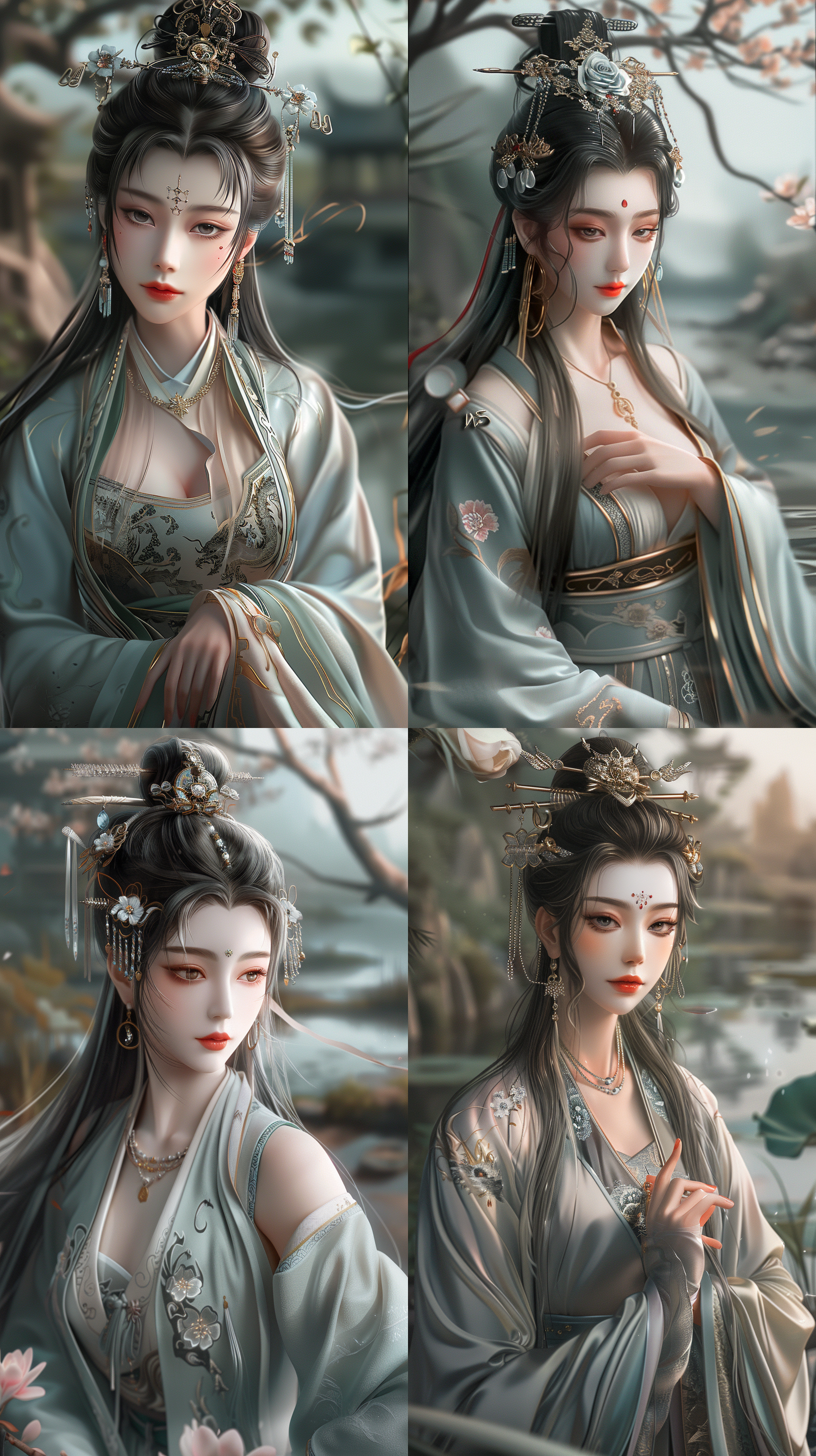唐代美女，国风，古装，绝世容颜，白色长发，发簪，盘发，柳眉，凤眼，桃花唇，清冷气质，肤质细膩，超清五官，自然光，脸上打光，3d，柔焦效果，对称构图，细膩纹理，32k高清壁纸，超高清画质，绝美容颜，全身照，柔光，仙侠风格，正脸镜头，站在溪流边，衣服质感，层次感古装，苏绣刺绣，身材火辣，动漫增强，