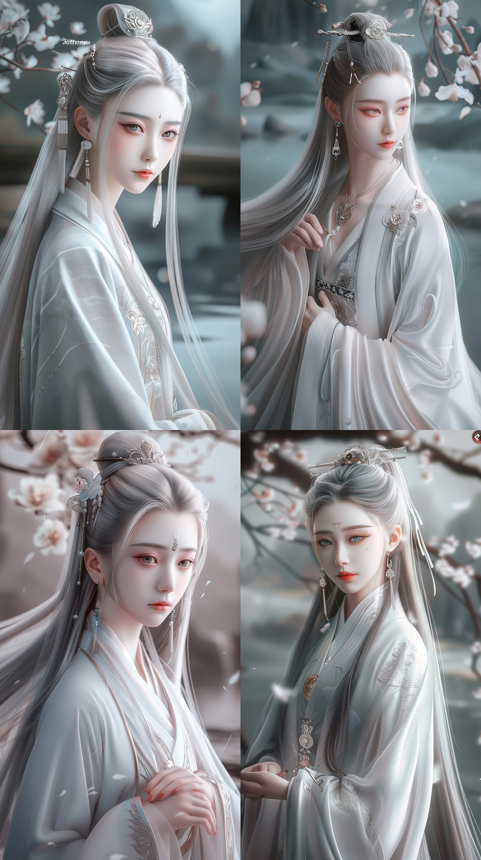 唐代美女，国风，古装，绝世容颜，白色长发，发簪，盘发，柳眉，凤眼，桃花唇，清冷气质，肤质细膩，超清五官，自然光，脸上打光，3d，柔焦效果，对称构图，细膩纹理，32k高清壁纸，超高清画质，绝美容颜，全身照，柔光，仙侠风格，正脸镜头，站在溪流边，衣服质感，层次感古装，苏绣刺绣，身材火辣，动漫增强，温婉。