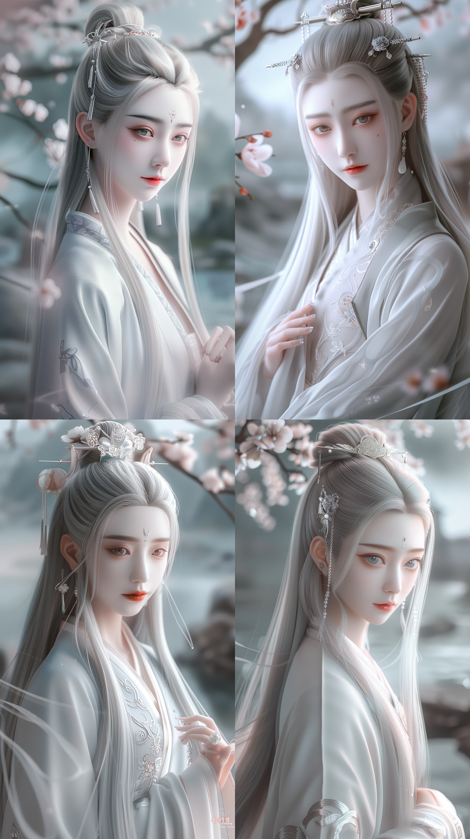 唐代美女，国风，古装，绝世容颜，白色长发，发簪，盘发，柳眉，凤眼，桃花唇，清冷气质，肤质细膩，超清五官，自然光，脸上打光，3d，柔焦效果，对称构图，细膩纹理，32k高清壁纸，超高清画质，绝美容颜，全身照，柔光，仙侠风格，正脸镜头，站在溪流边，衣服质感，层次感古装，苏绣刺绣，身材火辣，动漫增强，温婉。