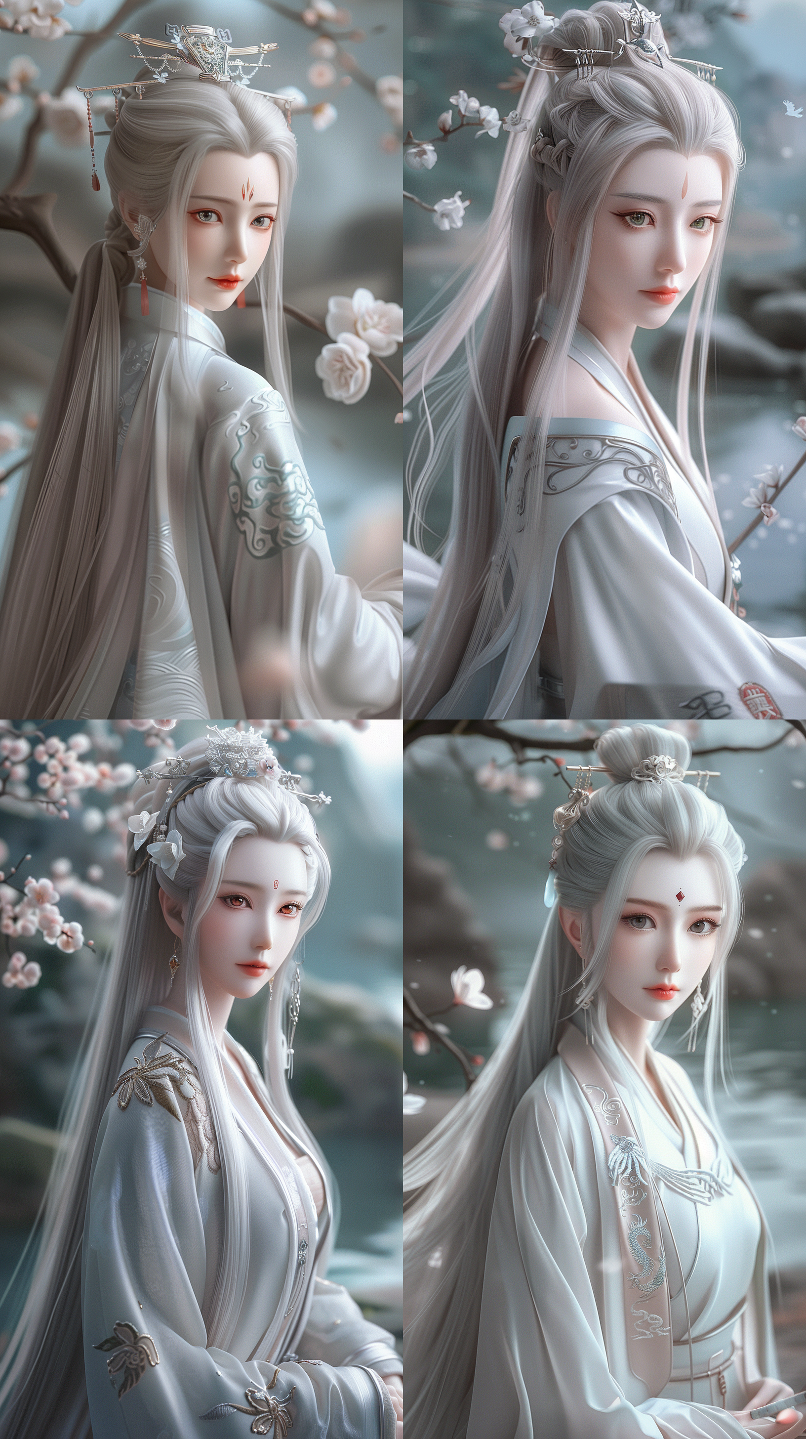 唐代美女，国风，古装，绝世容颜，白色长发，发簪，盘发，柳眉，凤眼，桃花唇，清冷气质，肤质细膩，超清五官，自然光，脸上打光，3d，柔焦效果，对称构图，细膩纹理，32k高清壁纸，超高清画质，绝美容颜，全身照，柔光，仙侠风格，正脸镜头，站在溪流边，衣服质感，层次感古装，苏绣刺绣，身材火辣，动漫增强，温婉。