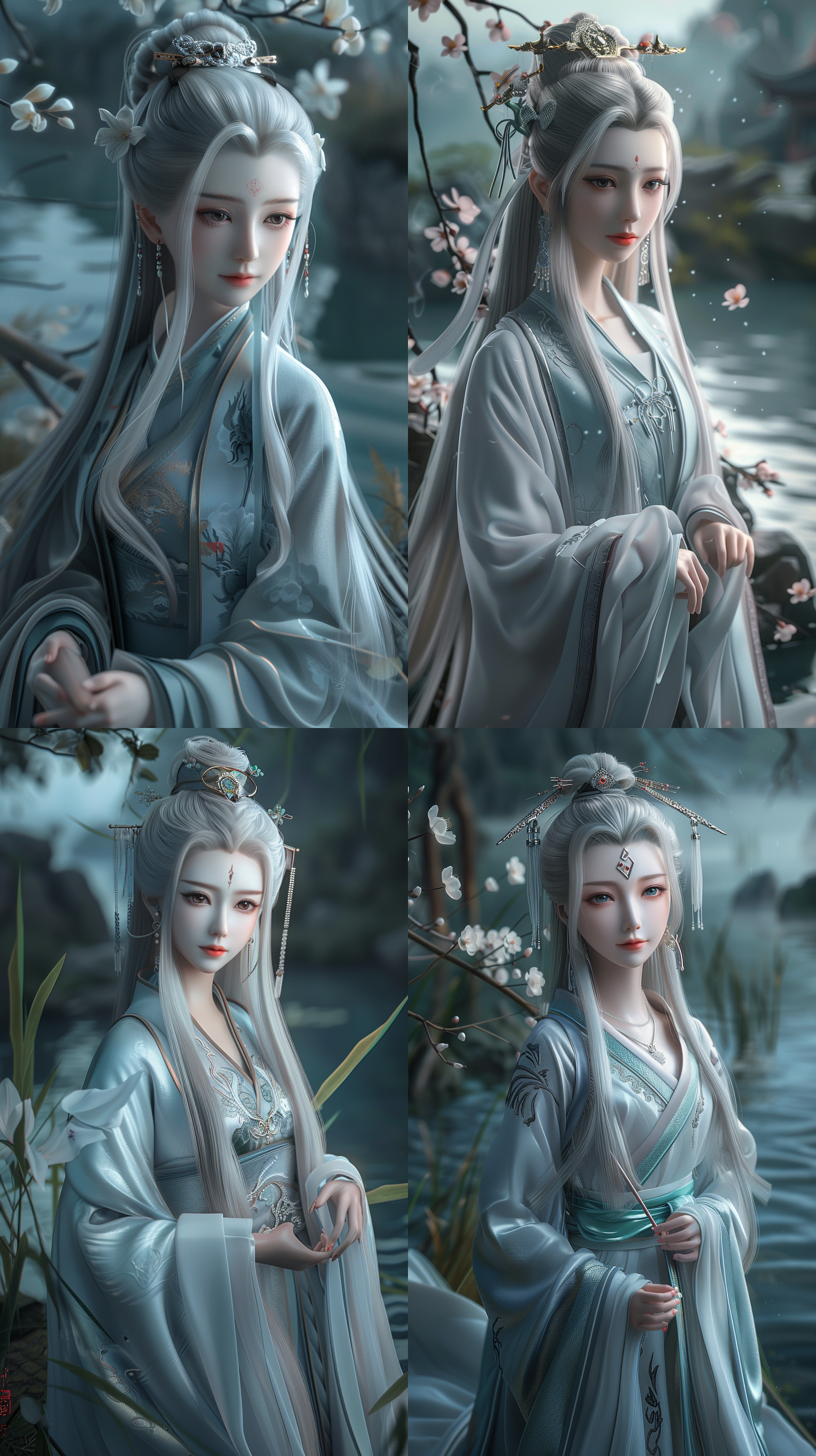 唐代少女，国风，古装，绝世容颜，白色长发，发簪，盘发，柳眉，凤眼，桃花唇，清冷气质，肤质细膩，超清五官，自然光，脸上打光，3d，对称构图，细膩纹理，32k高清壁纸，超高清画质，绝美容颜，全身照，柔光，仙侠风格，正脸镜头，站在溪流边，衣服质感，层次感古装，苏绣刺绣，身材火辣，动漫增强，温婉。