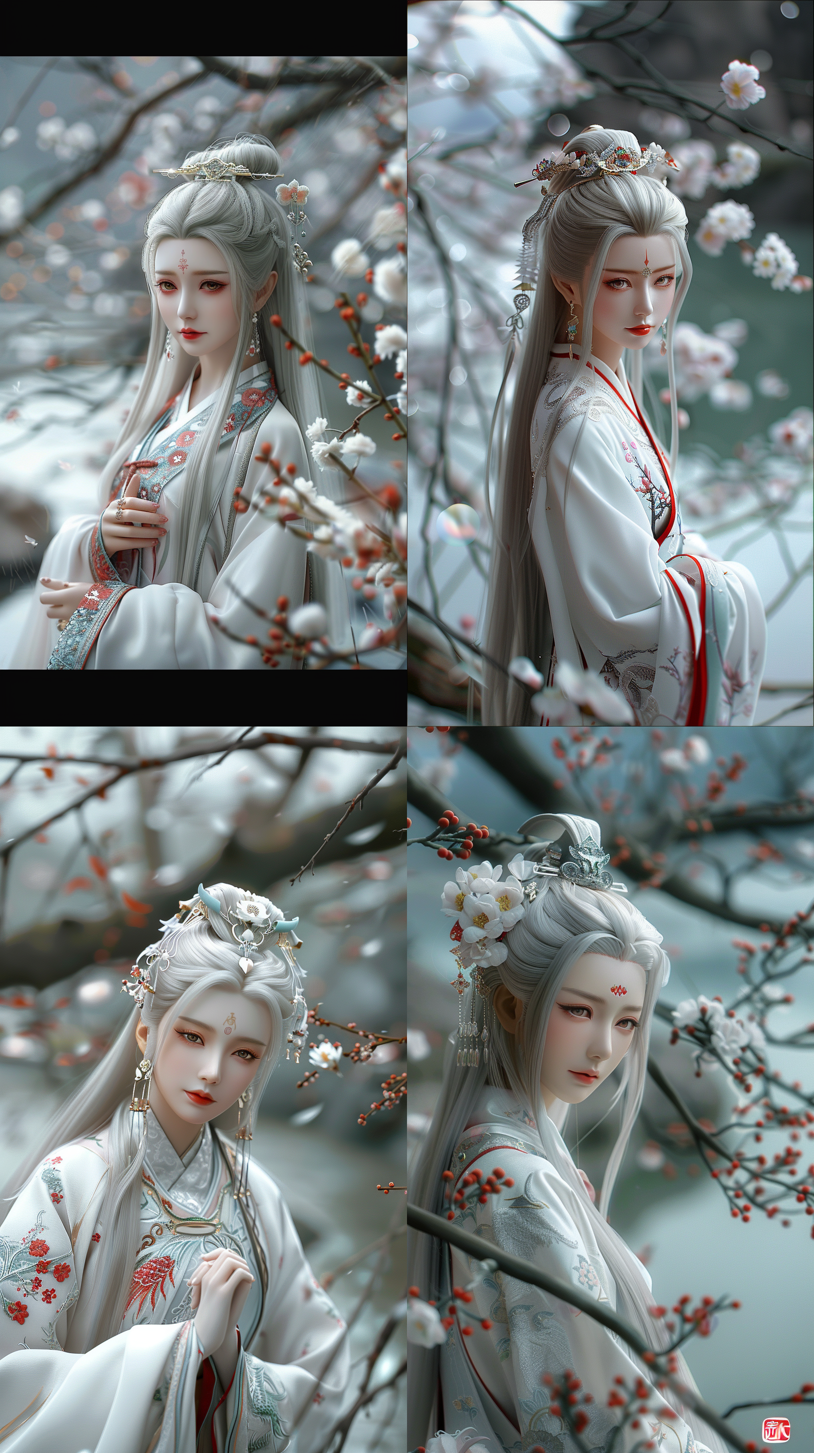 唐代少女，国风，古装，绝世容颜，白色长发，发簪，盘发，柳眉，凤眼，桃花唇，清冷气质，肤质细膩，超清五官，自然光，脸上打光，3d，对称构图，细膩纹理，32k高清壁纸，超高清画质，绝美容颜，全身照，柔光，仙侠风格，正脸镜头，站在溪流边，衣服质感，层次感古装，苏绣刺绣，身材火辣，动漫增强，温婉。