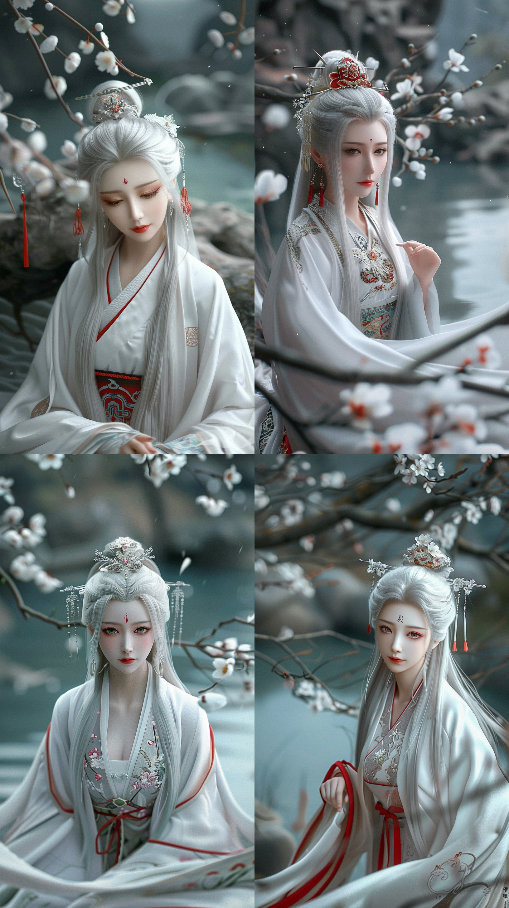 唐代少女，国风，古装，绝世容颜，白色长发，发簪，盘发，柳眉，凤眼，桃花唇，清冷气质，肤质细膩，超清五官，自然光，脸上打光，3d，对称构图，细膩纹理，32k高清壁纸，超高清画质，绝美容颜，全身照，柔光，仙侠风格，正脸镜头，站在溪流边，衣服质感，层次感古装，苏绣刺绣，身材火辣，动漫增强，温婉。