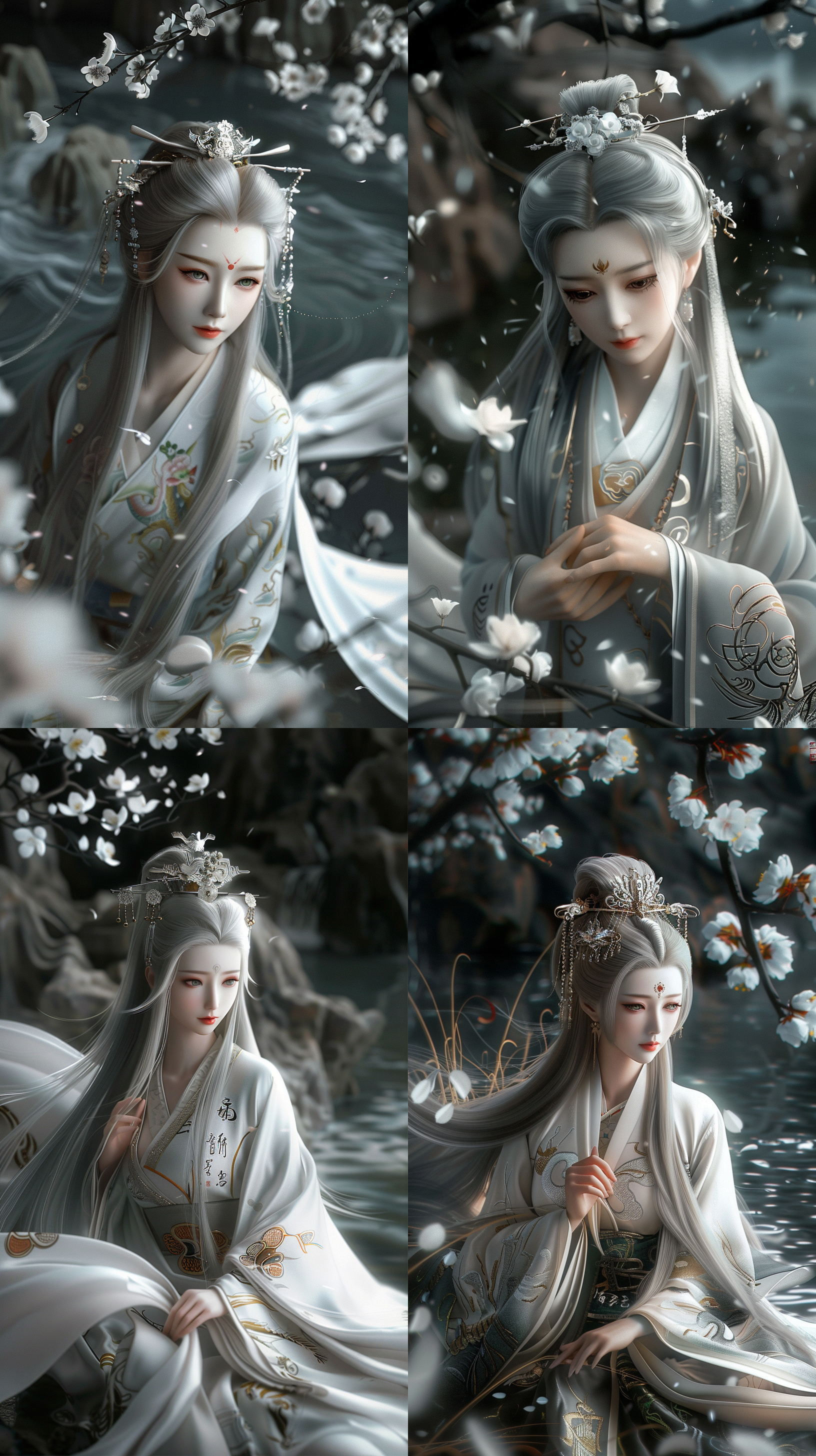 唐代美女，国风，樱草色印花纹薄纱古香缎，绝世容颜，白色长发，发簪，盘发，柳眉，凤眼，桃花唇，清冷气质，肤质细膩，超清五官，自然光，脸上打光，3d，柔焦效果，对称构图，细膩纹理，32k高清壁纸，超高清画质，绝美容颜，全身照，柔光，仙侠风格，正脸镜头，站在溪流边，衣服质感，层次感古装，苏绣刺绣，身材火辣，动漫增强，温婉。