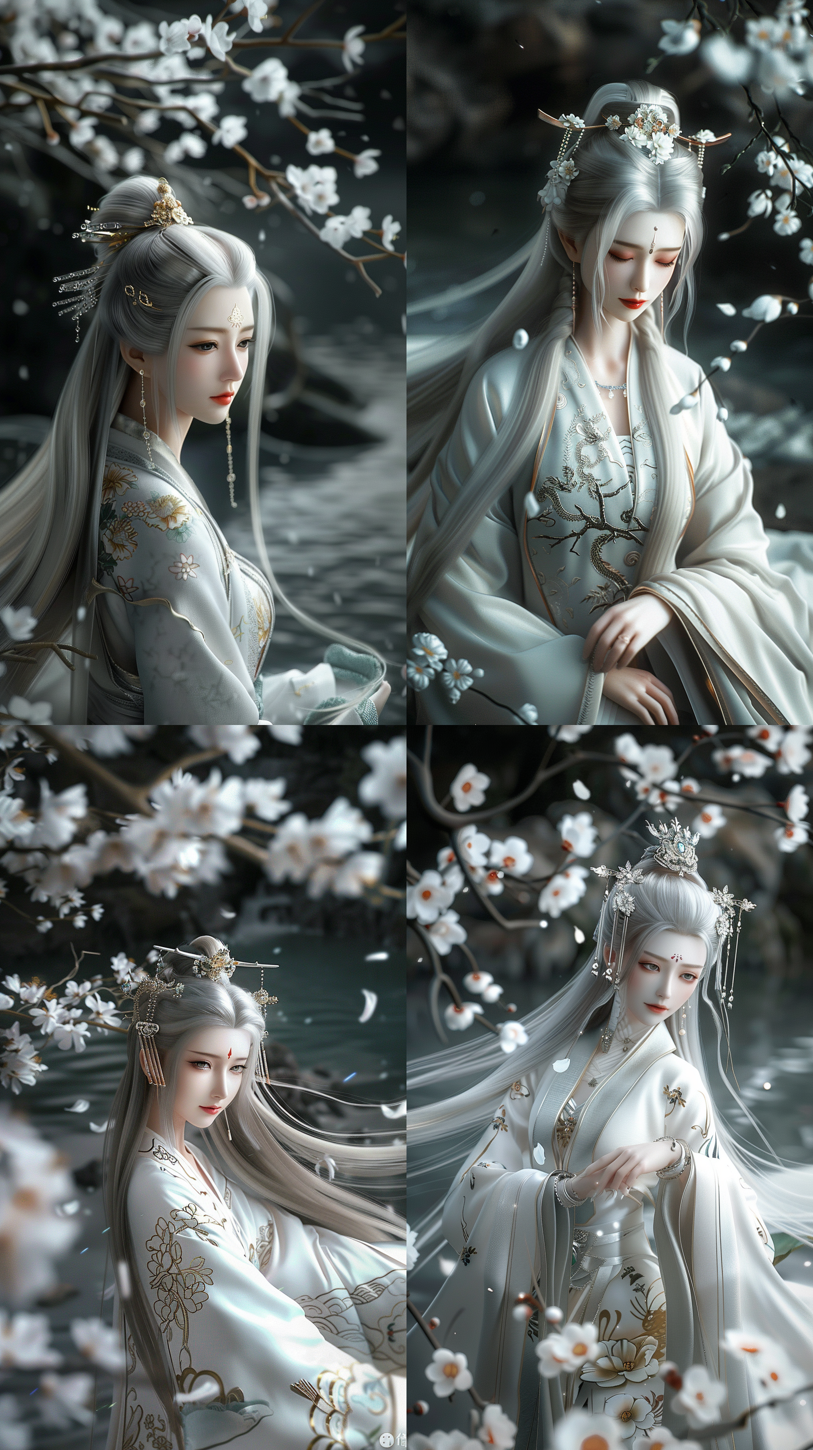 唐代美女，国风，樱草色印花纹薄纱古香缎，绝世容颜，白色长发，发簪，盘发，柳眉，凤眼，桃花唇，清冷气质，肤质细膩，超清五官，自然光，脸上打光，3d，柔焦效果，对称构图，细膩纹理，32k高清壁纸，超高清画质，绝美容颜，全身照，柔光，仙侠风格，正脸镜头，站在溪流边，衣服质感，层次感古装，苏绣刺绣，身材火辣，动漫增强，温婉。