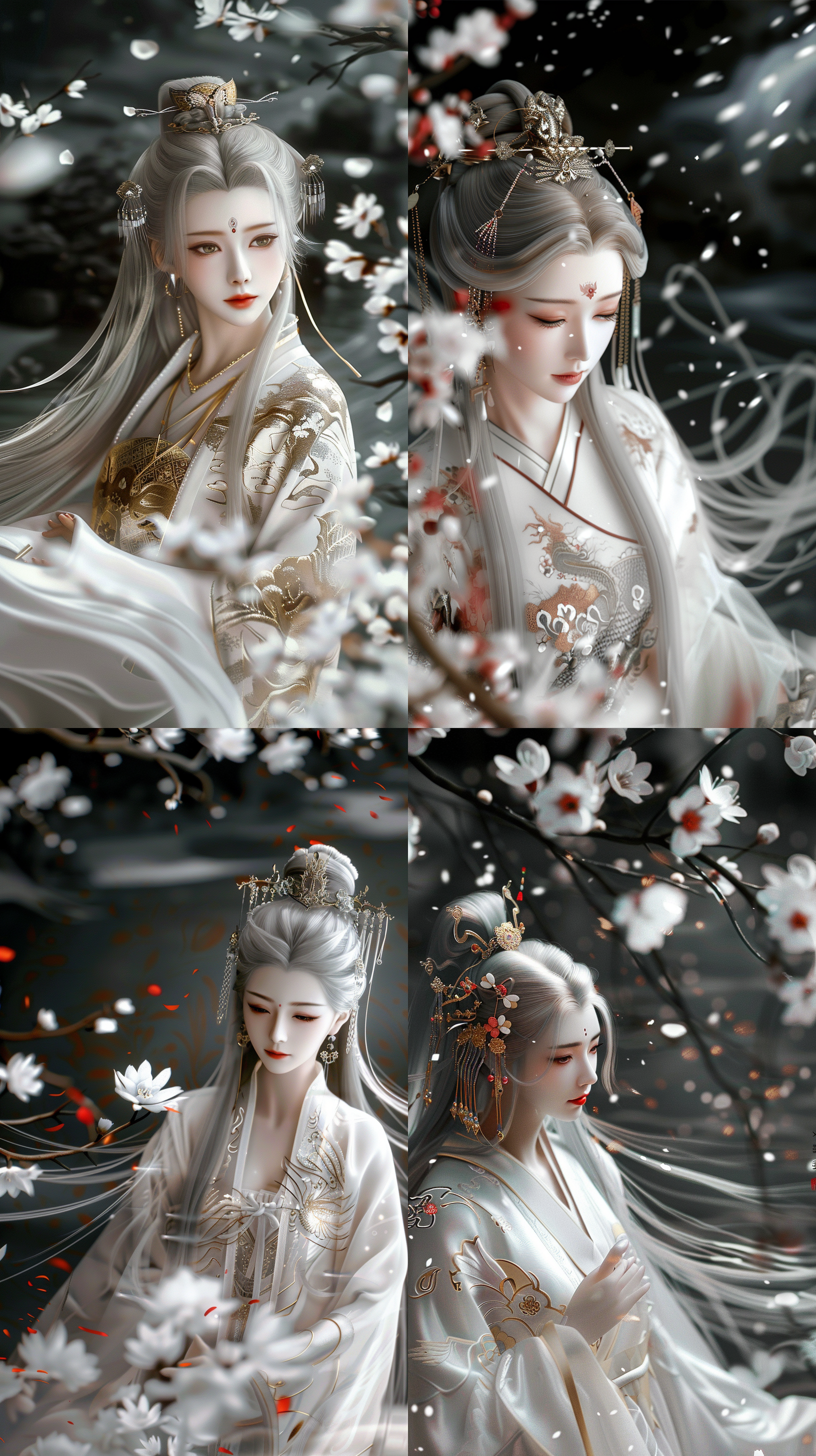 唐代美女，国风，樱草色印花纹薄纱古香缎，绝世容颜，白色长发，发簪，盘发，柳眉，凤眼，桃花唇，清冷气质，肤质细膩，超清五官，自然光，脸上打光，3d，柔焦效果，对称构图，细膩纹理，32k高清壁纸，超高清画质，绝美容颜，全身照，柔光，仙侠风格，正脸镜头，站在溪流边，衣服质感，层次感古装，苏绣刺绣，身材火辣，动漫增强，温婉。