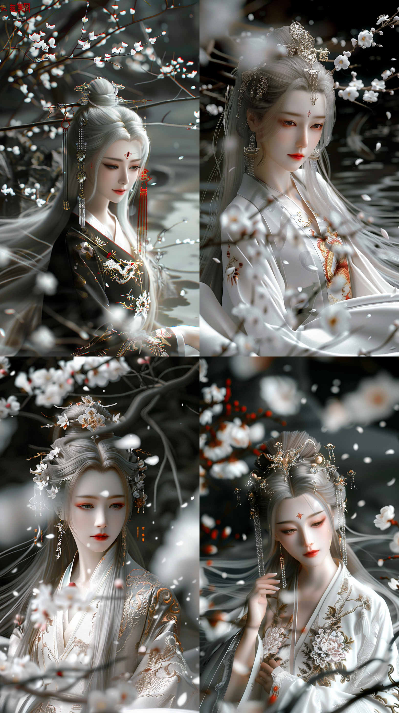 唐代美女，国风，樱草色印花纹薄纱古香缎，绝世容颜，白色长发，发簪，盘发，柳眉，凤眼，桃花唇，清冷气质，肤质细膩，超清五官，自然光，脸上打光，3d，柔焦效果，对称构图，细膩纹理，32k高清壁纸，超高清画质，绝美容颜，全身照，柔光，仙侠风格，正脸镜头，站在溪流边，衣服质感，层次感古装，苏绣刺绣，身材火辣，动漫增强，温婉。