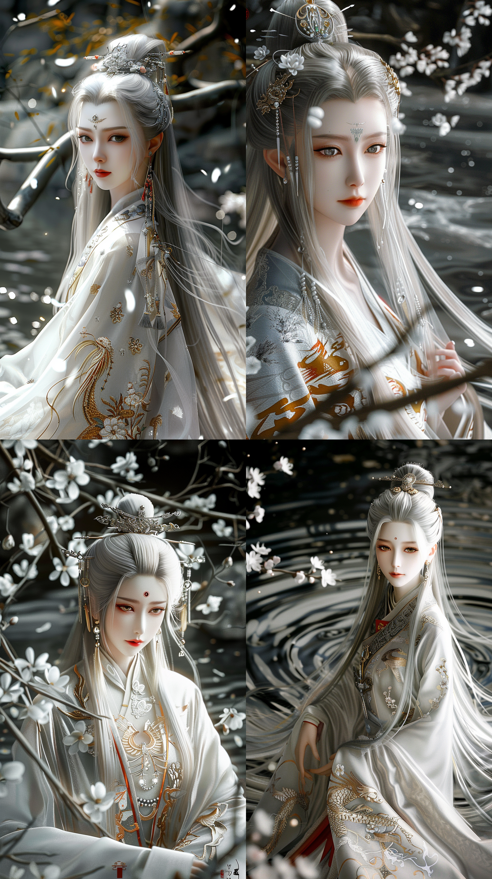 唐代美女，国风，樱草色印花纹薄纱古香红缎，绝世容颜，白色长发，发簪，盘发，柳眉，凤眼，桃花唇，清冷气质，肤质细膩，超清五官，自然光，脸上打光，3d，柔焦效果，对称构图，细膩纹理，32k高清壁纸，超高清画质，绝美容颜，全身照，柔光，仙侠风格，正脸看我，站在溪流边，衣服质感，层次感古装，苏绣刺绣，身材火辣，动漫增强，温婉。